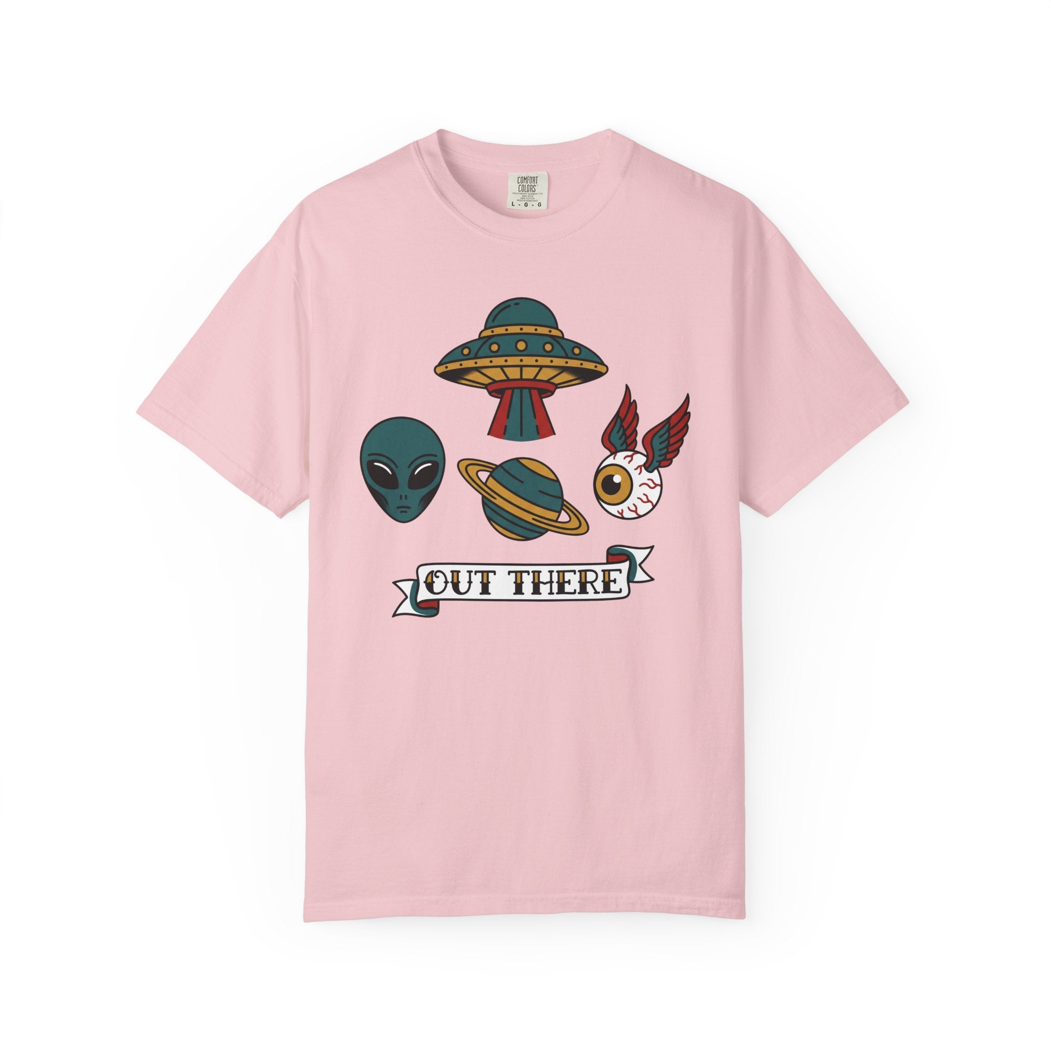 Pink crewneck T-shirt with alien, UFO, and colorful “Out There” chest graphic