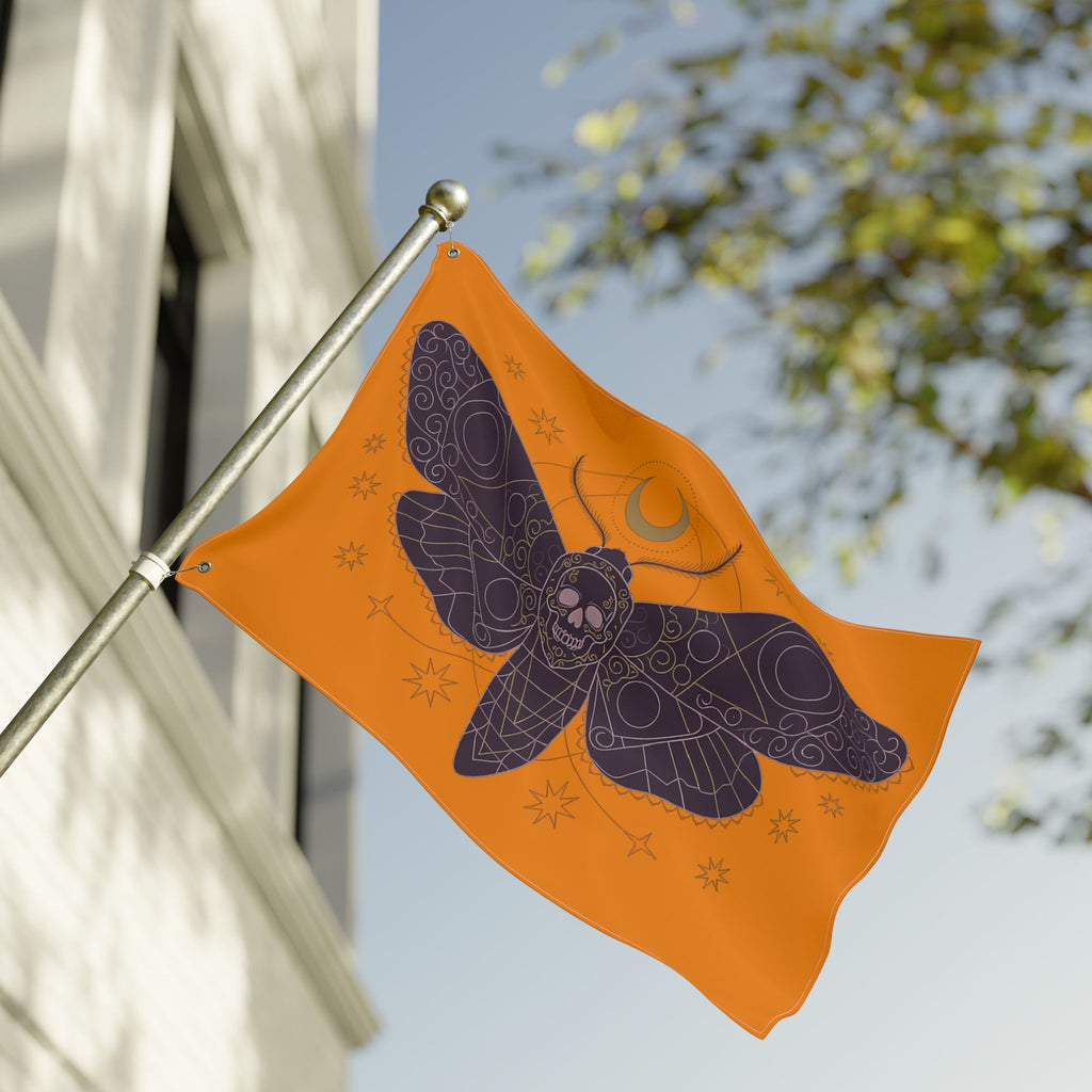 Orange moth skull flag on pole with large purple wing graphic and skull emblem.