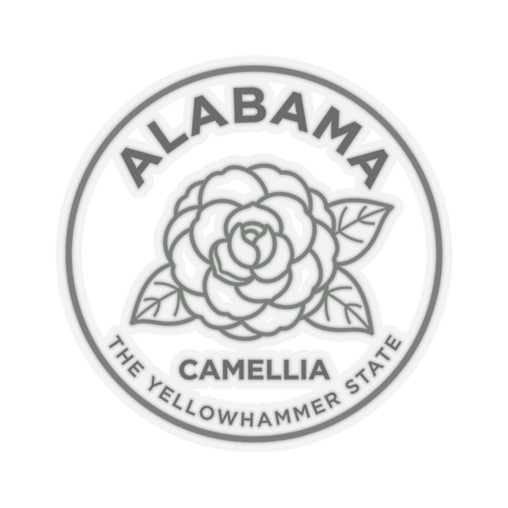Circular Alabama camellia state flower transparent vinyl decal with ALABAMA and CAMELLIA text