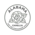 Circular Alabama camellia state flower transparent vinyl decal with ALABAMA and CAMELLIA text