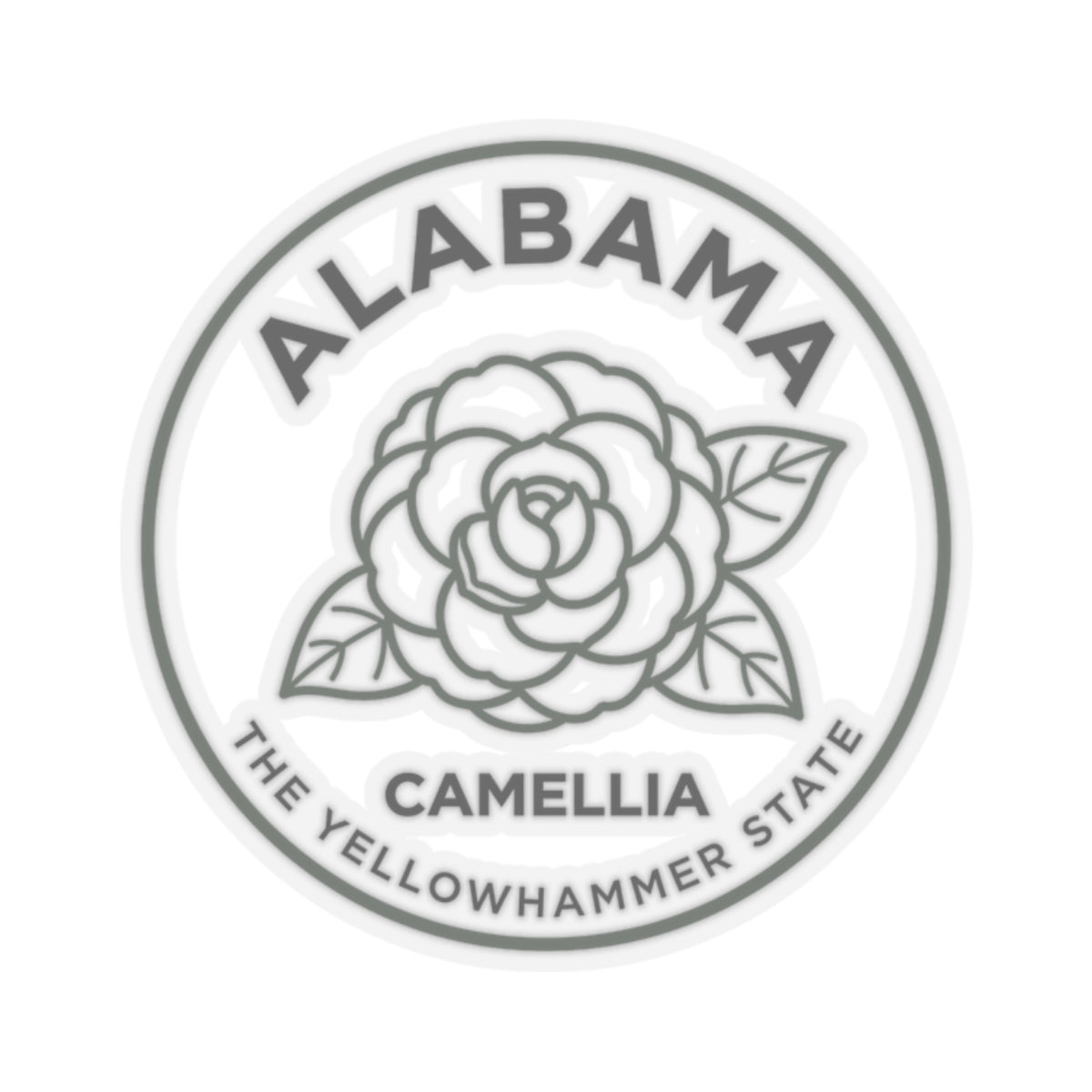 Circular Alabama camellia state flower transparent vinyl decal with ALABAMA and CAMELLIA text