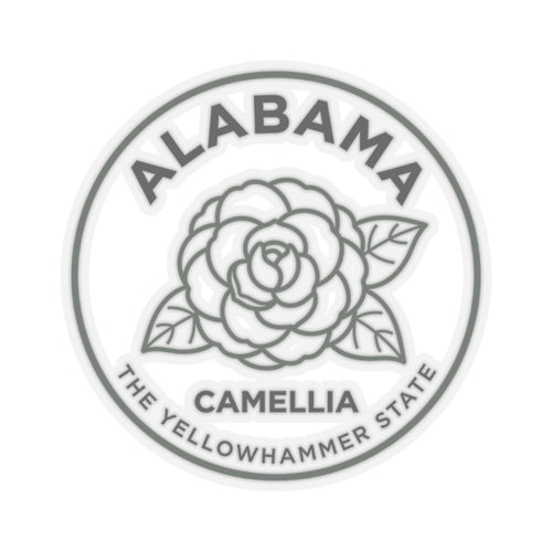 Circular Alabama camellia state flower transparent vinyl decal with ALABAMA and CAMELLIA text