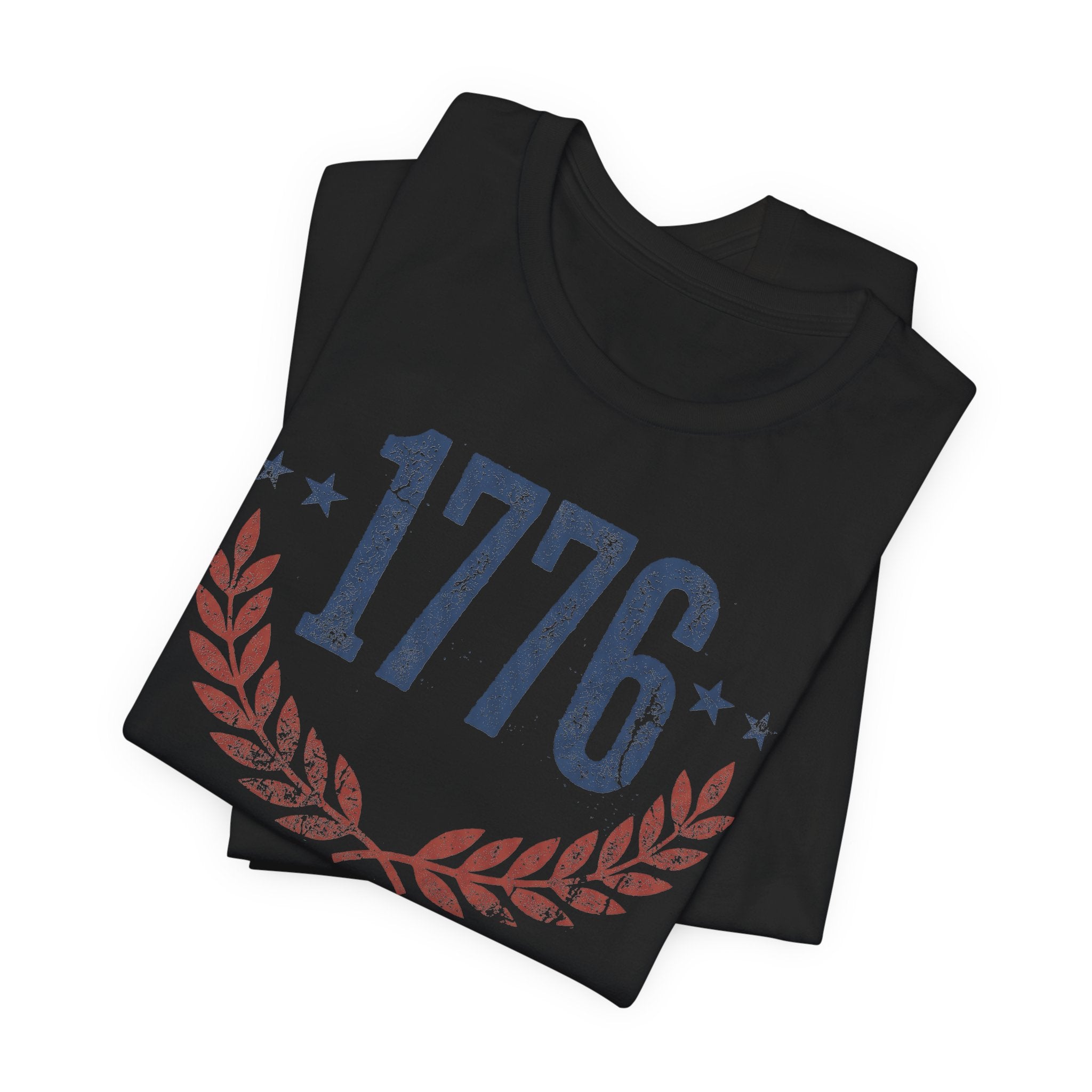 Black T-shirt with “1776” graphic, stars, and laurel wreath