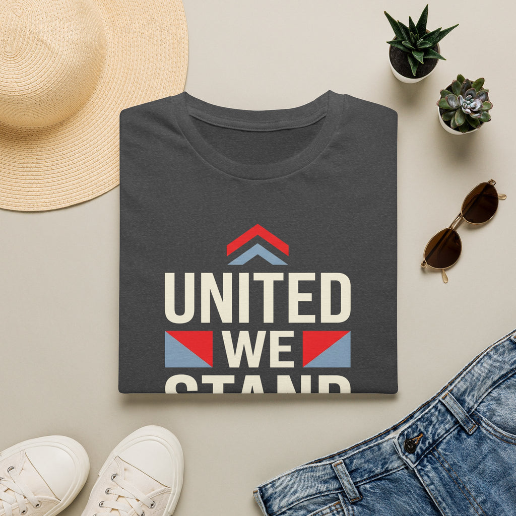 Dark crewneck T-shirt with “UNITED WE STAND” typography graphic on the front