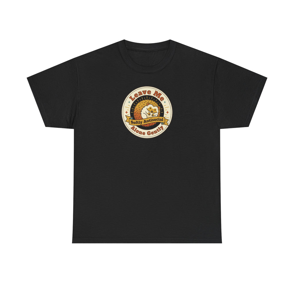 Black T-shirt with circular graphic emblem at chest