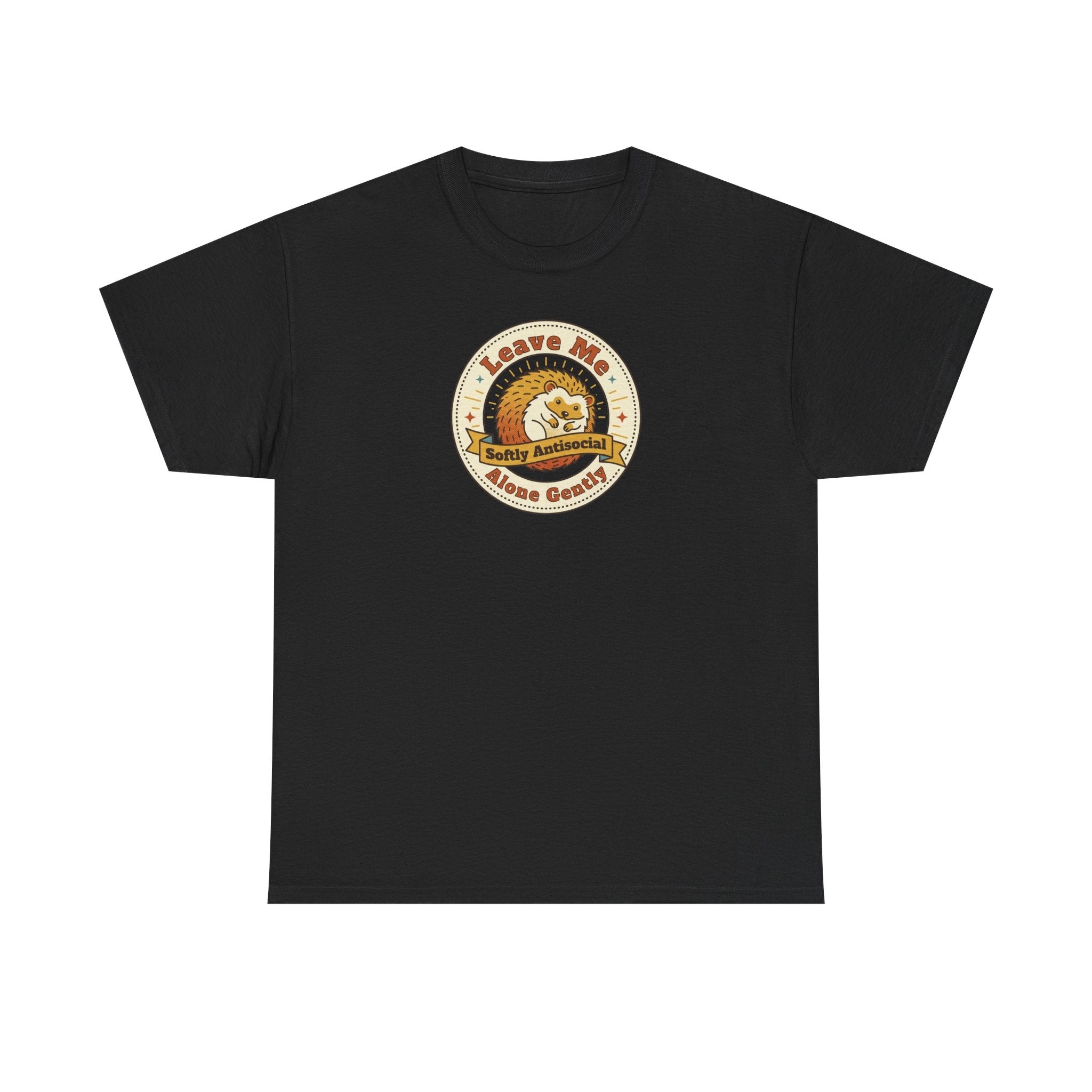 Black T-shirt with circular graphic emblem at chest