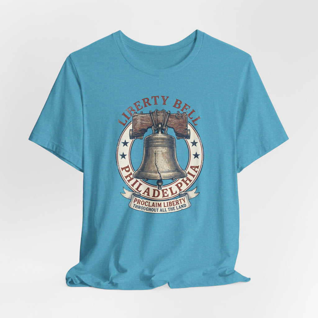 Teal crewneck T-shirt with Liberty Bell Philadelphia chest emblem print.