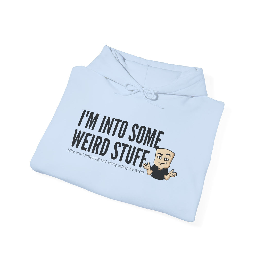 Light blue hoodie with “I'M INTO WEIRD STUFF” graphic on front