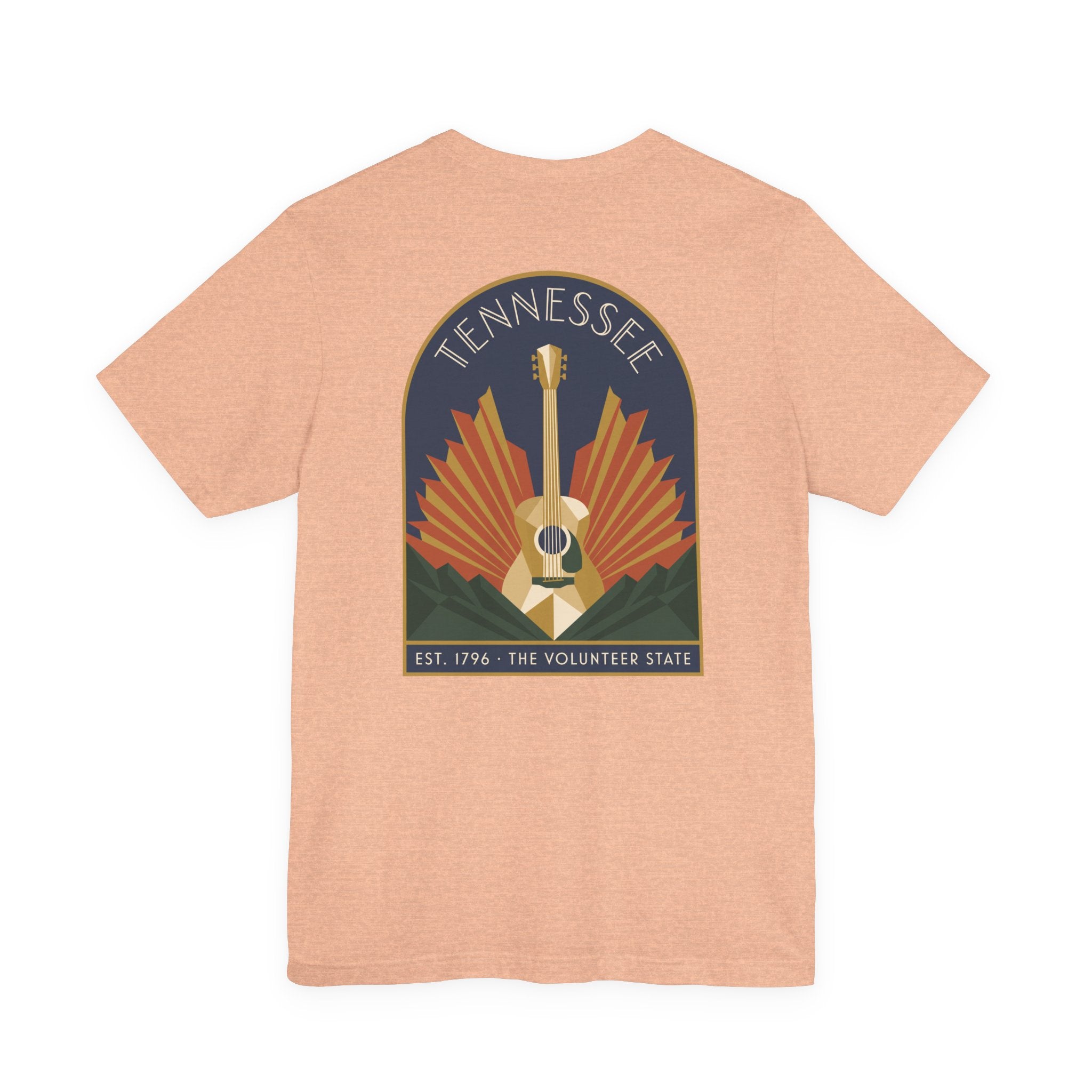 Light peach crew-neck T-shirt with Tennessee guitar art graphic on chest