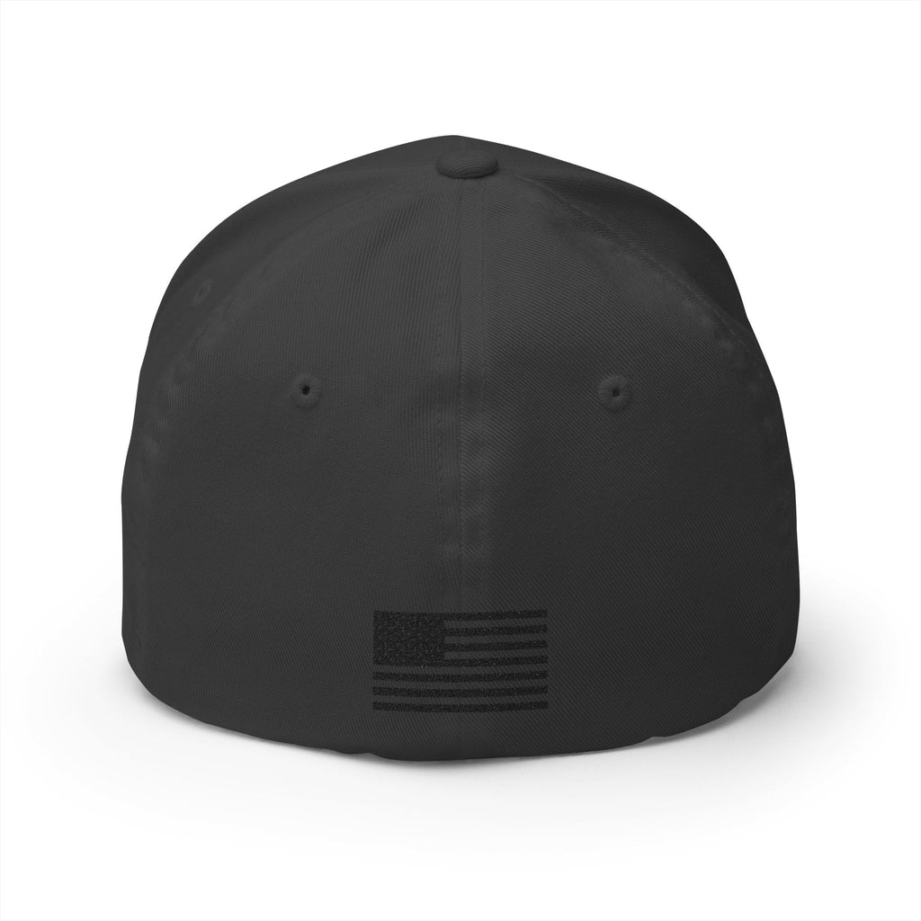Black embroidered baseball cap with American flag emblem on front