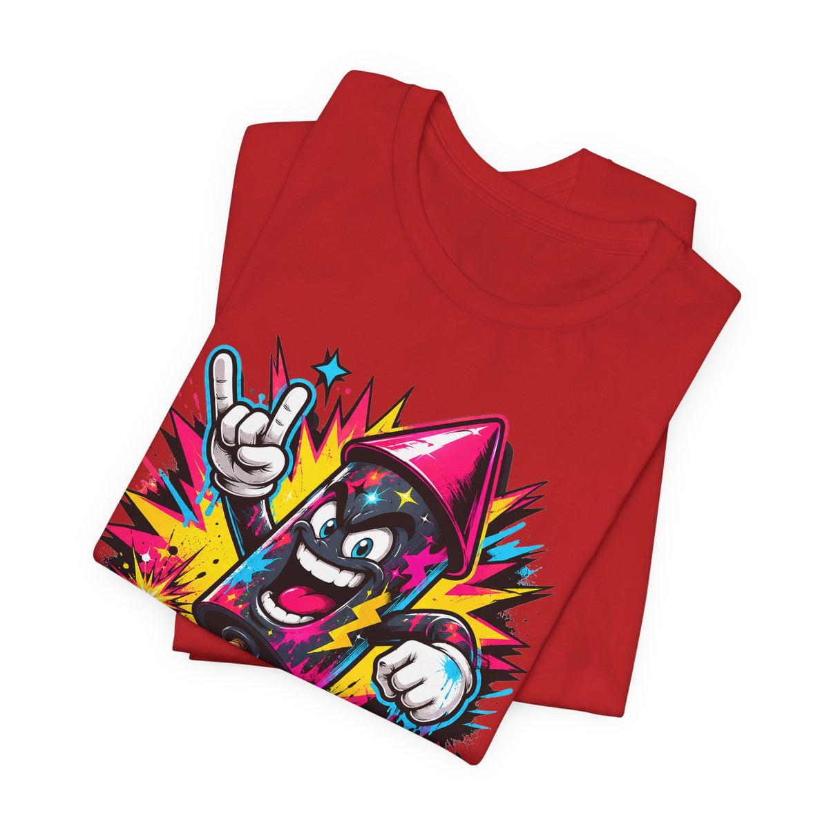 Red graphic T-shirt with cartoon character pointing, colorful comic burst design
