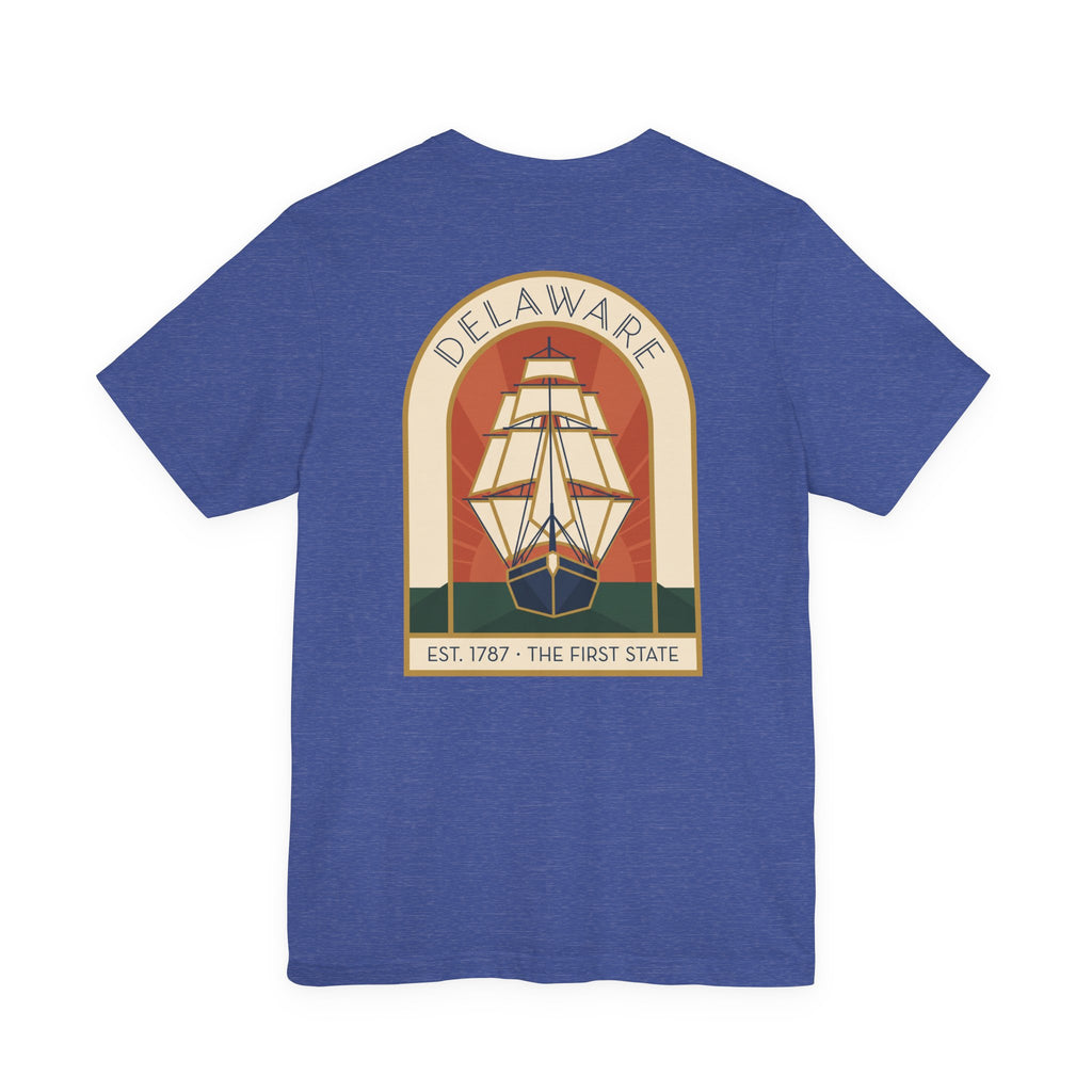 True royal blue Delaware tall ship T-shirt with circular vintage graphic and EST 1787