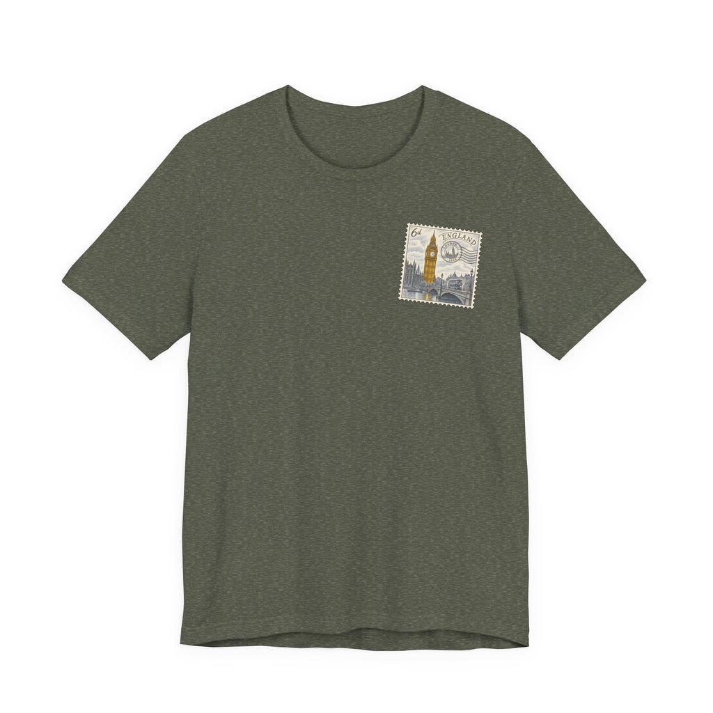 Men's olive green travel t-shirt with small vintage postage stamp-style tower graphic