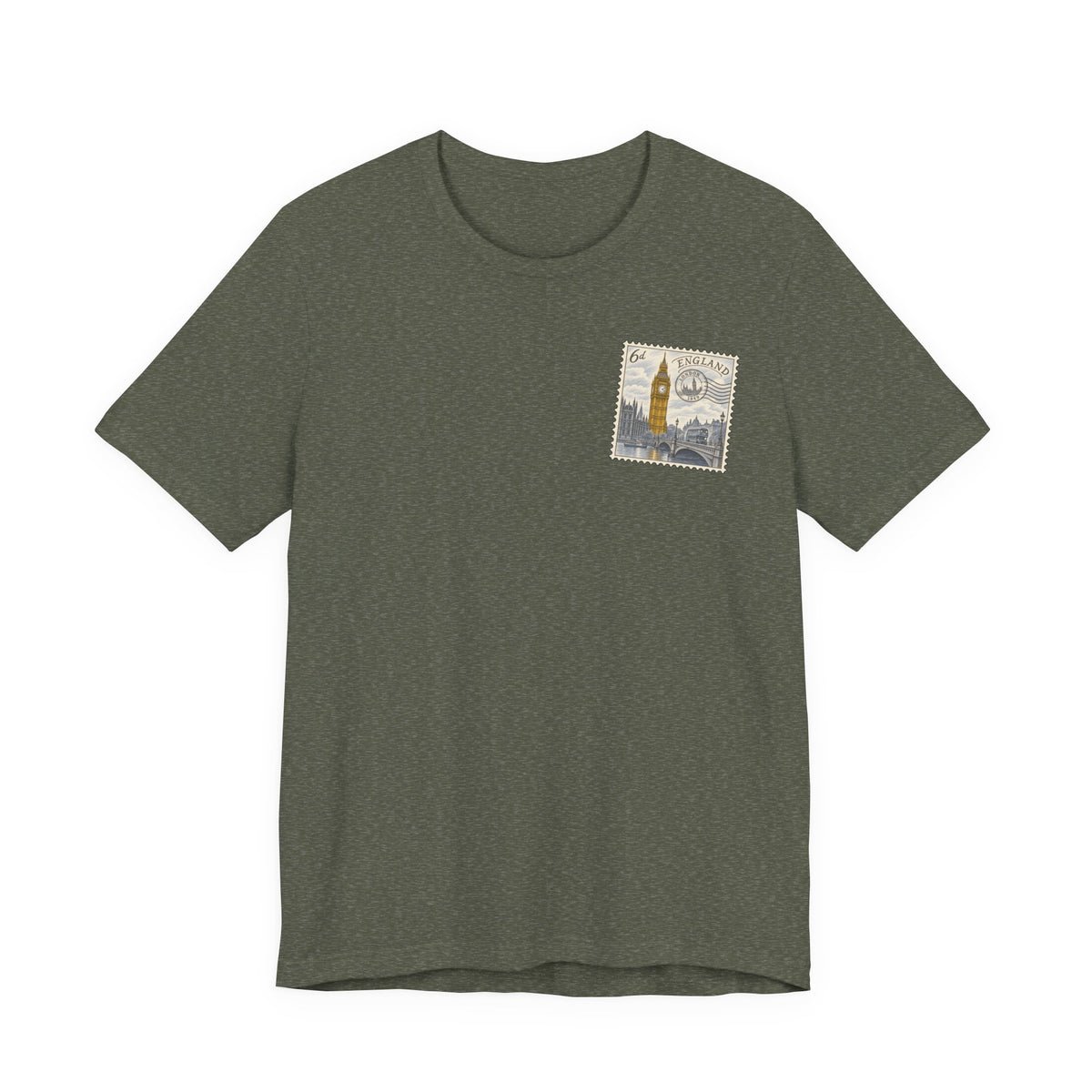 Men's olive green travel t-shirt with small vintage postage stamp-style tower graphic