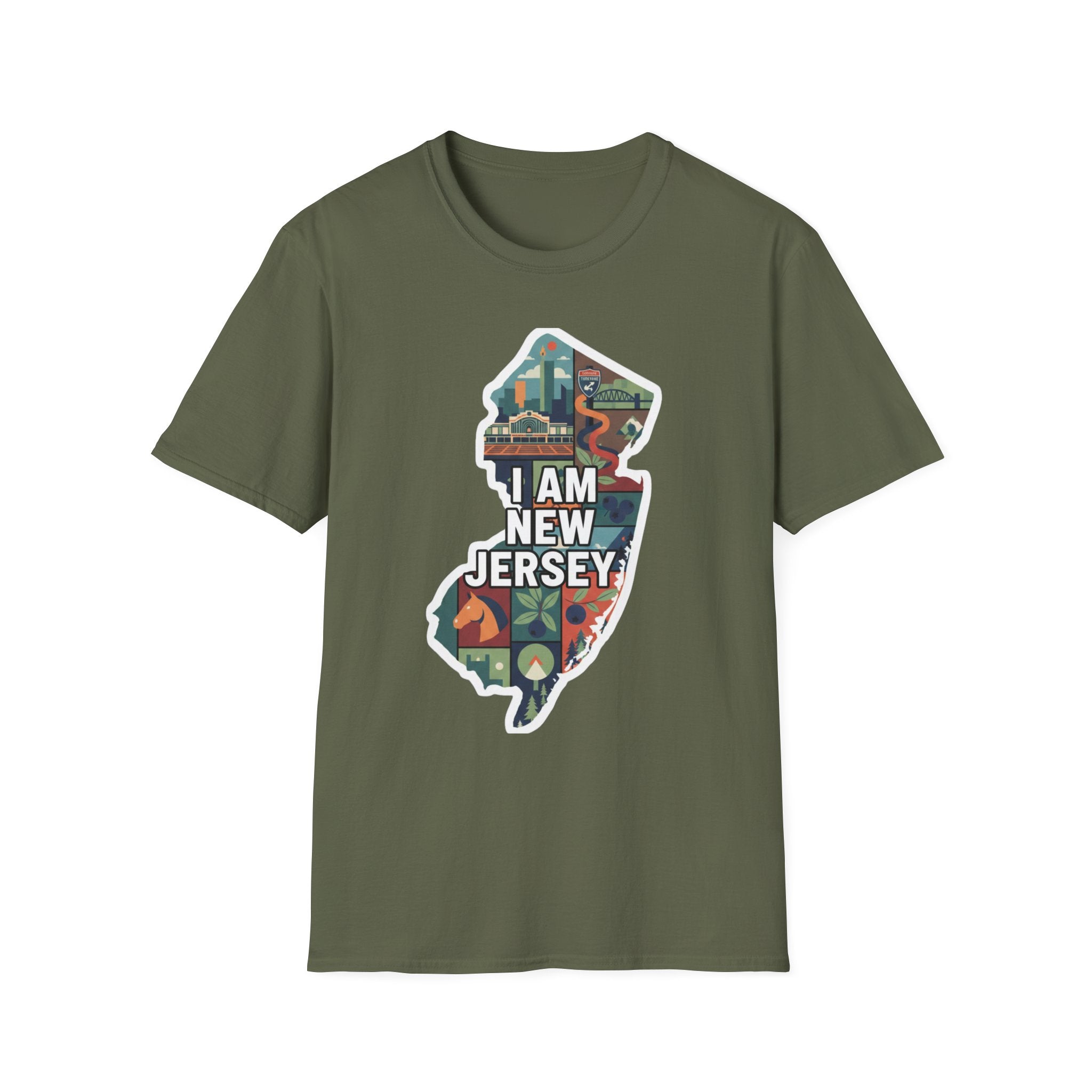 Military green New Jersey map graphic T-shirt with multicolor "I AM NEW JERSEY" design