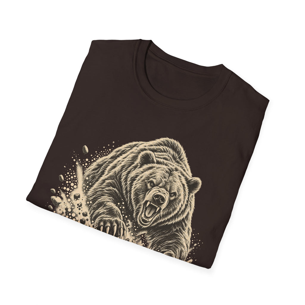 Dark chocolate T-shirt with bear face graphic and tan splatter details