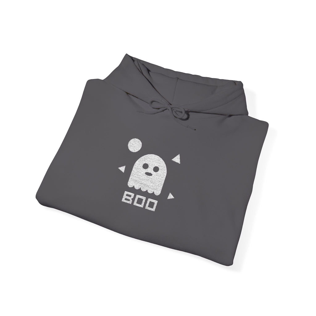 Charcoal hoodie with ghost graphic on chest, kangaroo pocket, drawstring hood