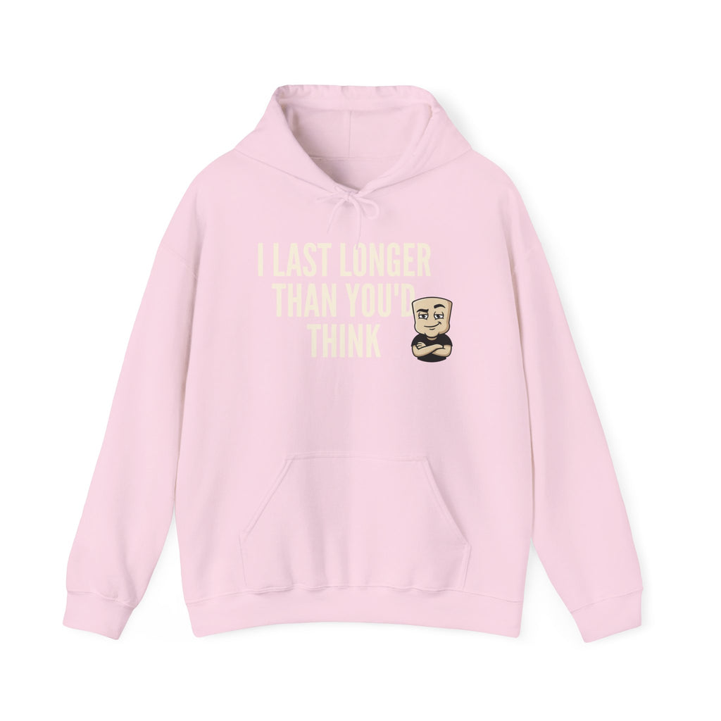 Pink hoodie with front pouch pocket and bearded cartoon “I Last Longer Than You’d Think” graphic