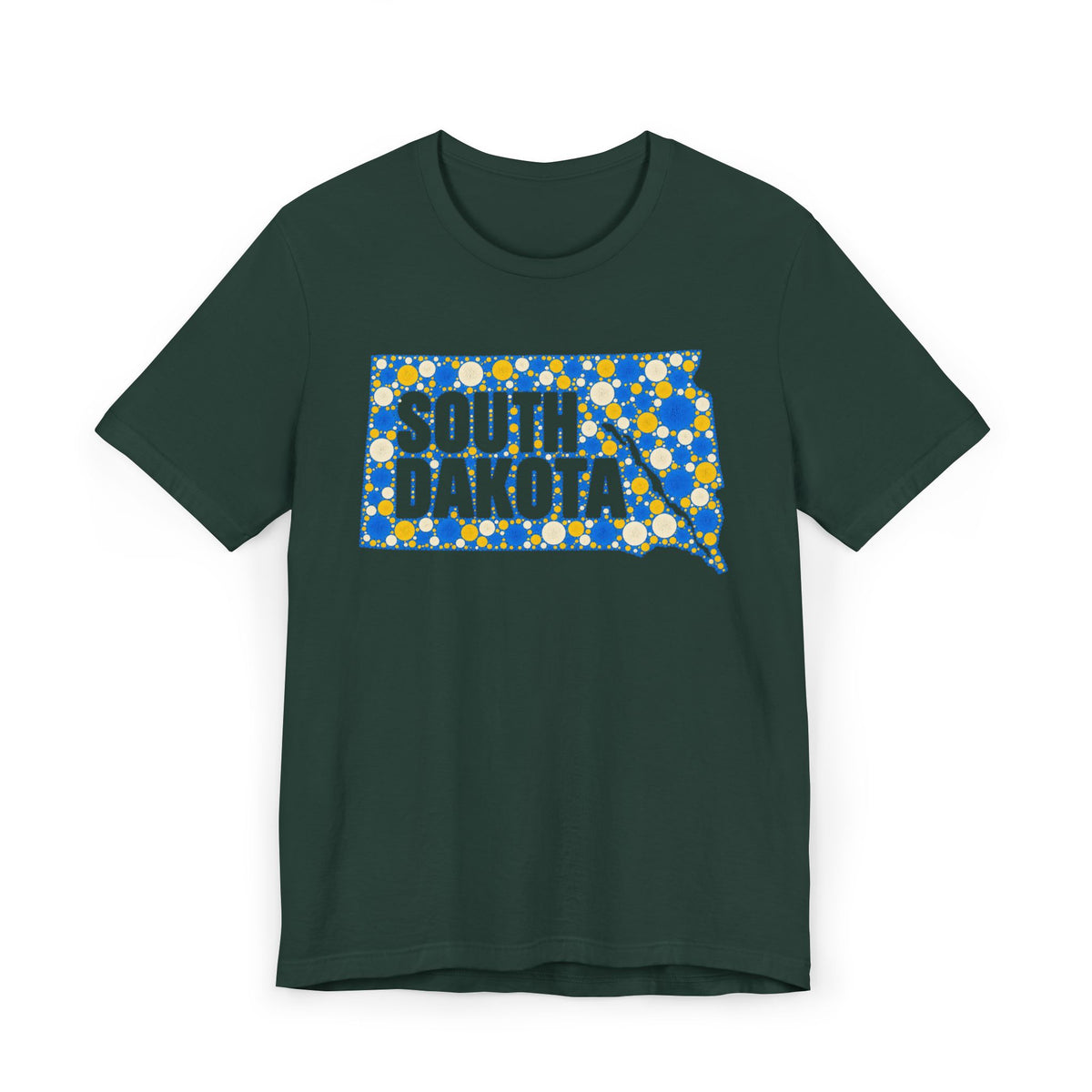 Dark green crewneck T-shirt with blue and yellow South Dakota polka-dot map graphic.