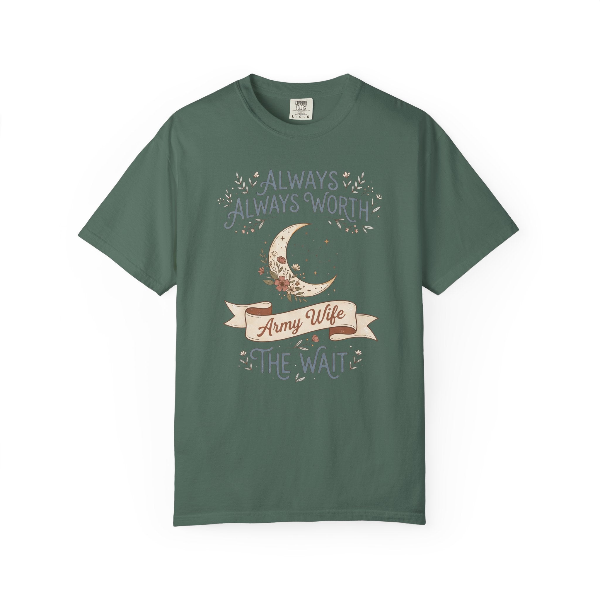 Dark green crewneck T-shirt with moon and “Always Worth the Wait” graphic