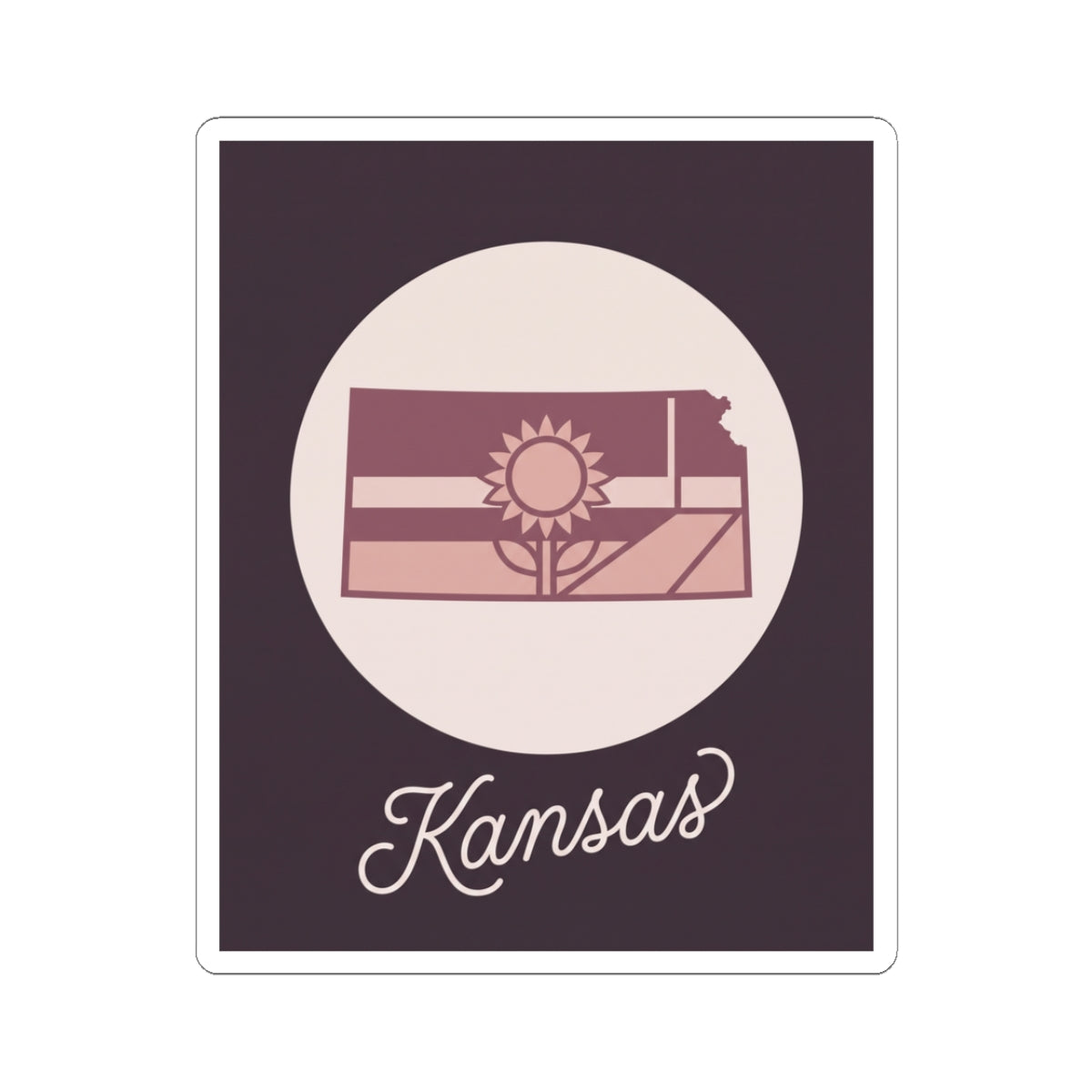 Kansas state silhouette sticker decal in mauve with sun-and-sunflower graphic and “Kansas” script
