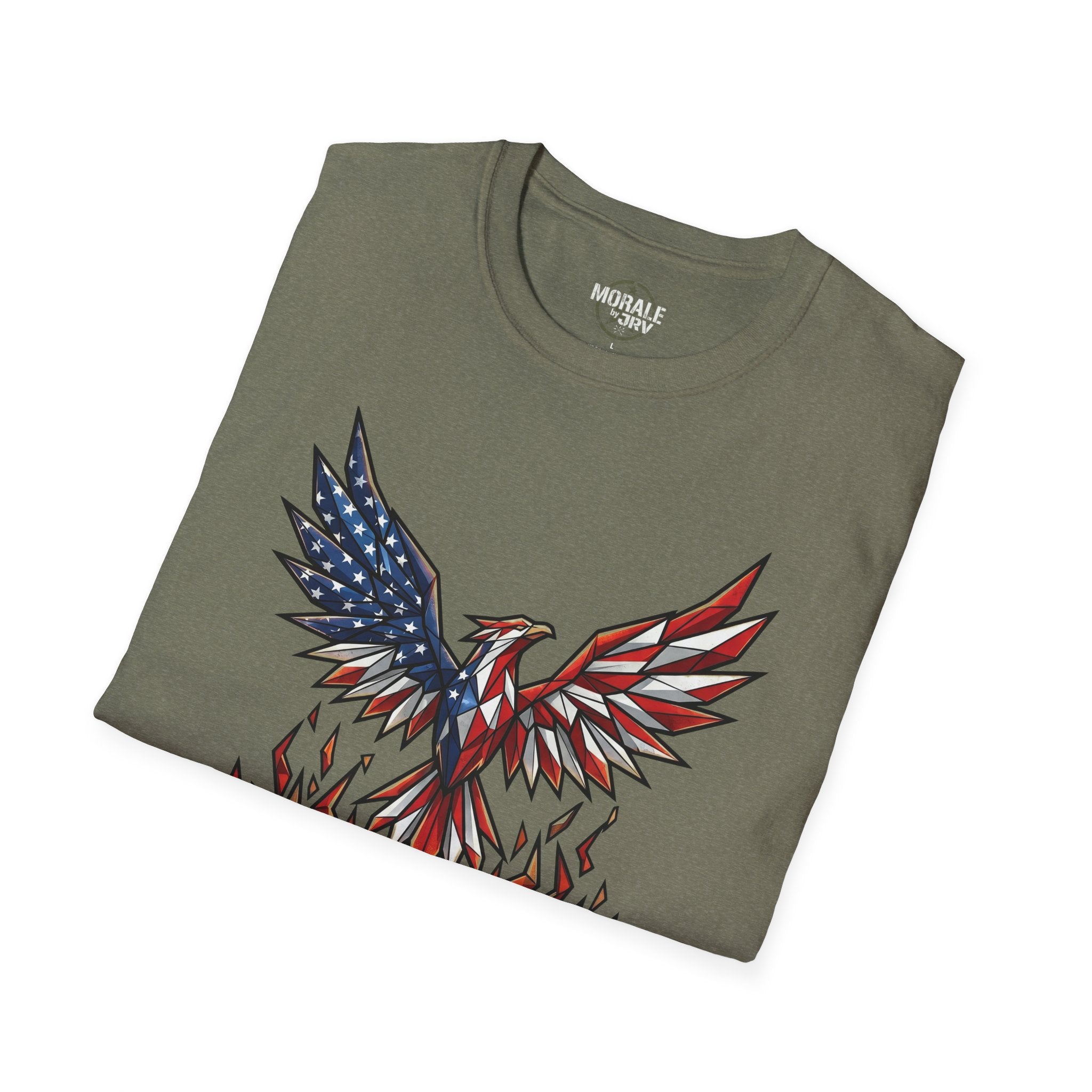 American Flag Phoenix Unbroken T-Shirt, military green with patriotic eagle graphic