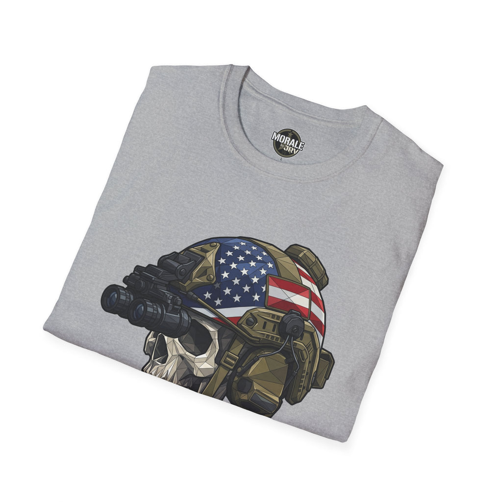Charcoal heather T-shirt with skull helmet and American flag graphic