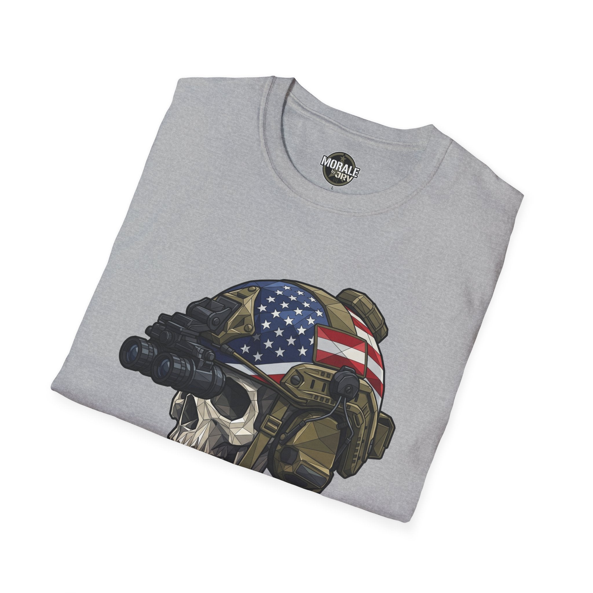 Charcoal heather T-shirt with skull helmet and American flag graphic