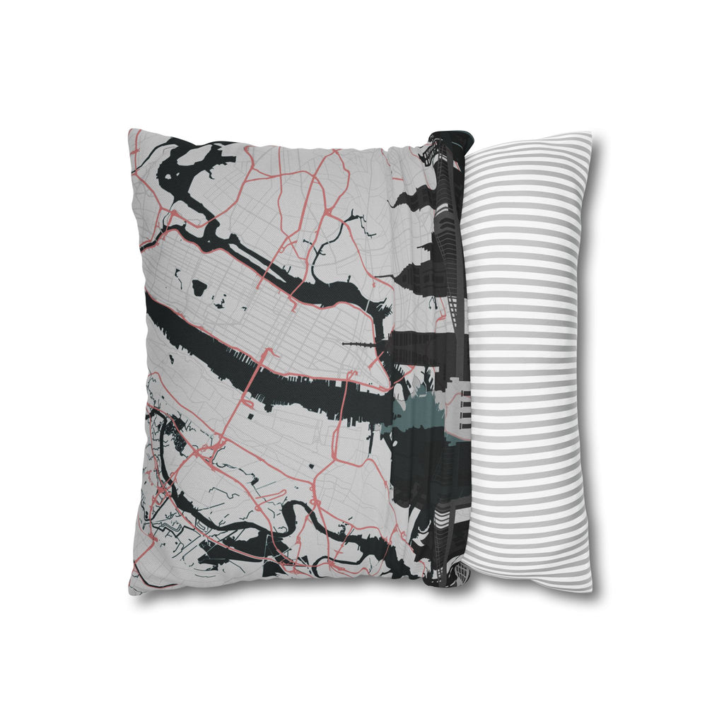 Black city map skyline square pillowcase with striped back panel