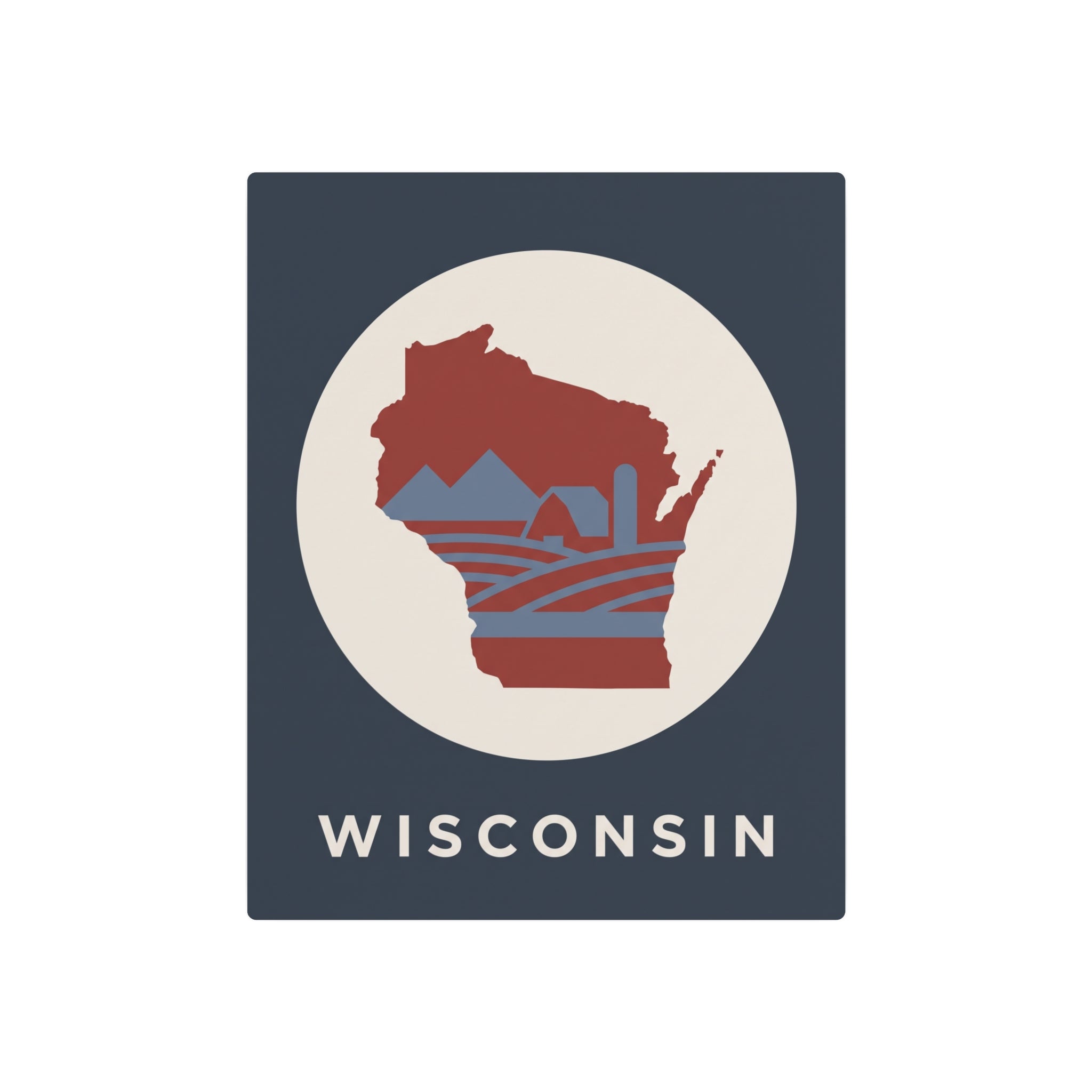 Wisconsin metal art sign, navy background with red silhouette and cream circle, WISCONSIN lettering