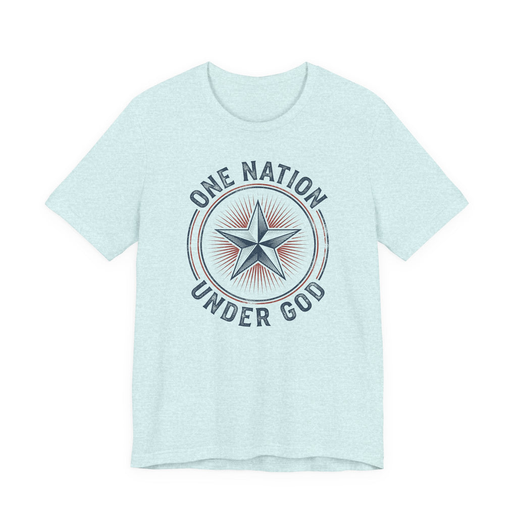 Light blue patriotic star badge T-shirt with 'Under God' text