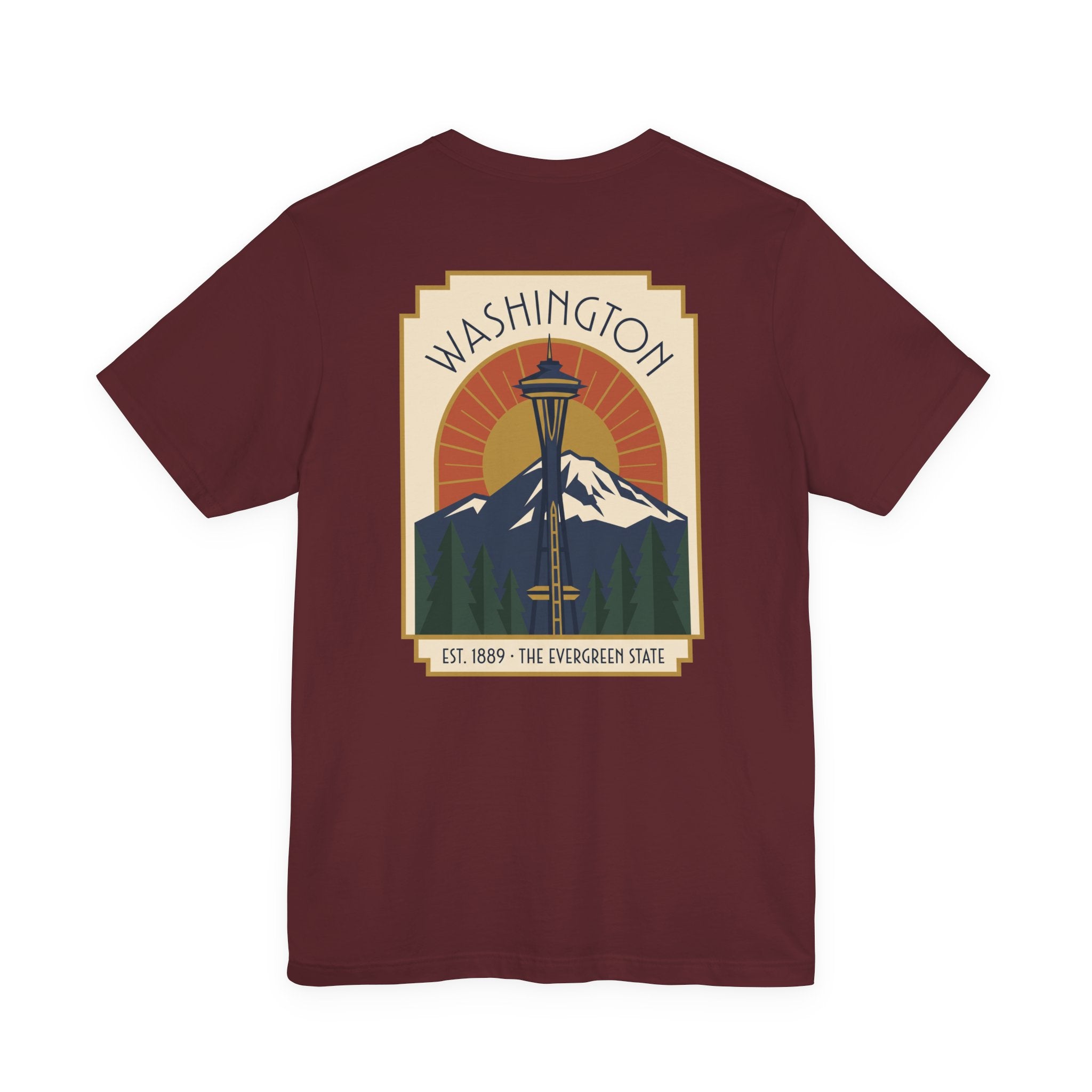 Maroon T-shirt with retro Space Needle and mountain graphic on the chest