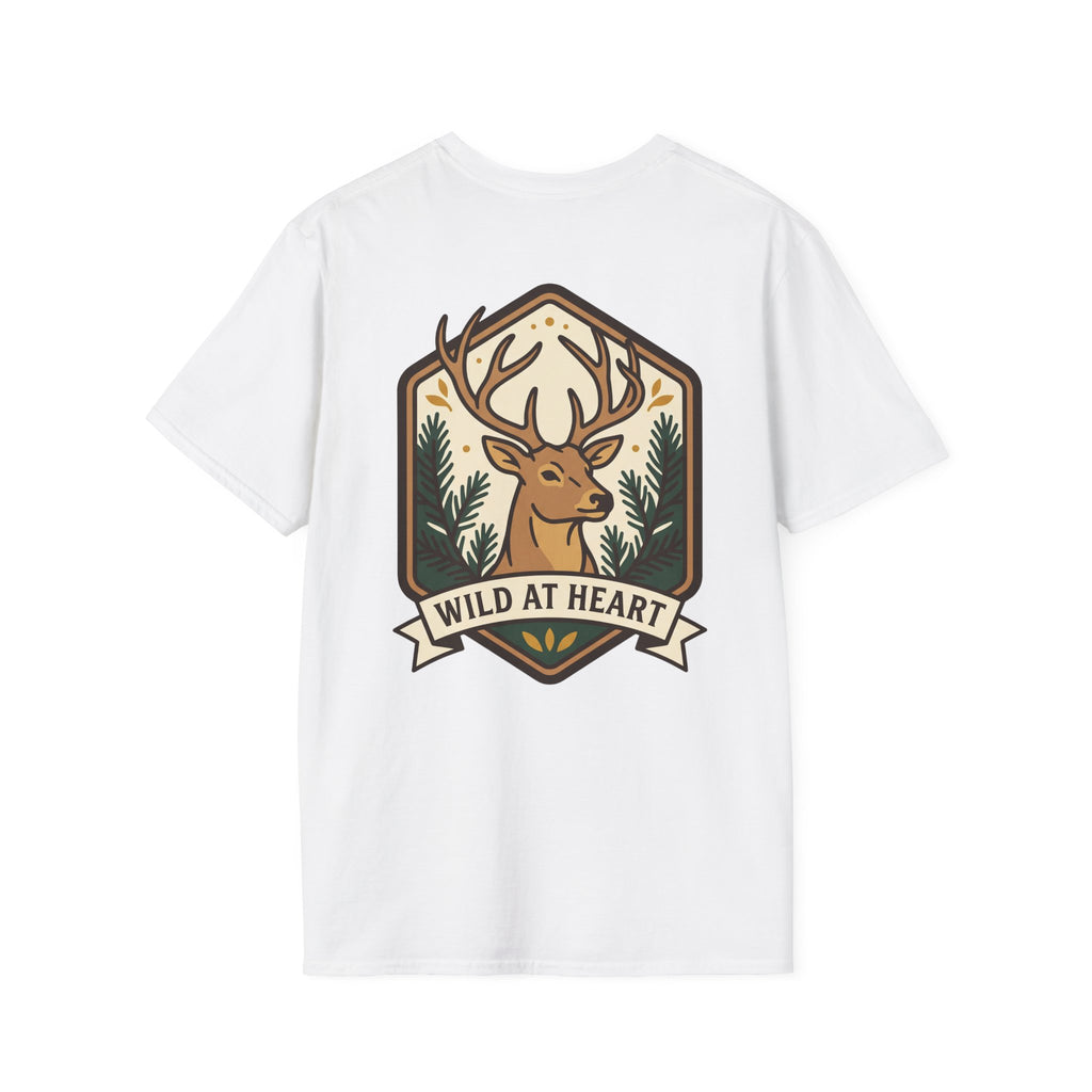White deer t-shirt with colorful Wild at Heart badge and stag head in forest scene