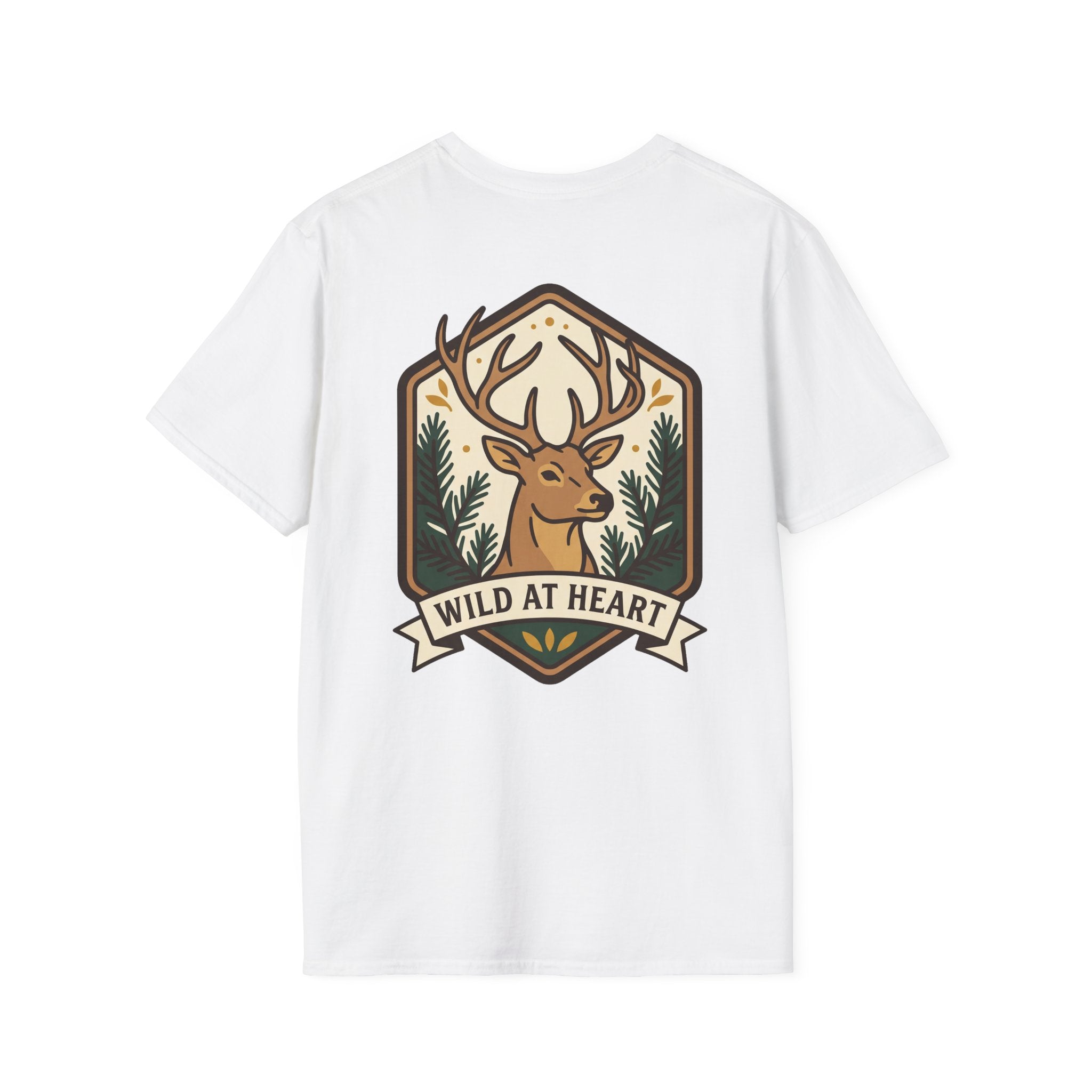 White deer t-shirt with colorful Wild at Heart badge and stag head in forest scene