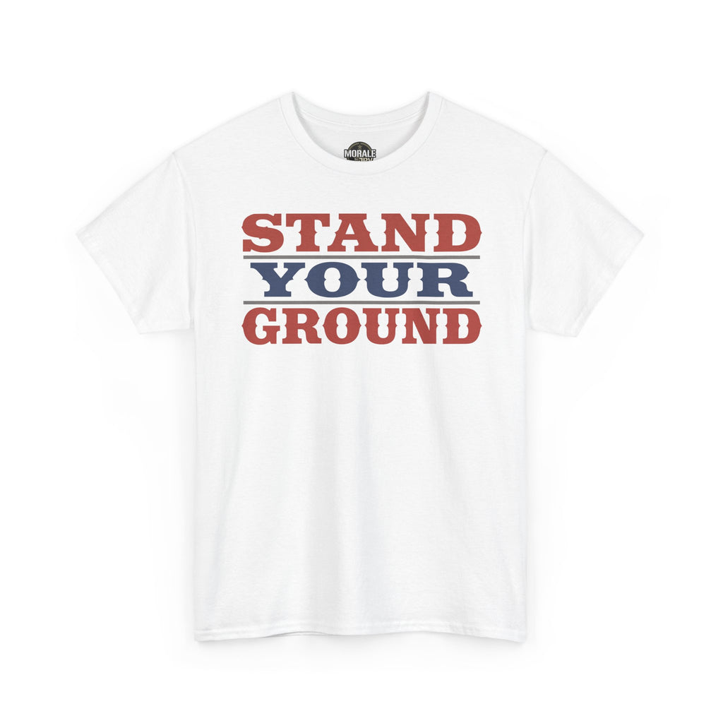 White crewneck T-shirt with red and blue "STAND YOUR GROUND" vintage text print