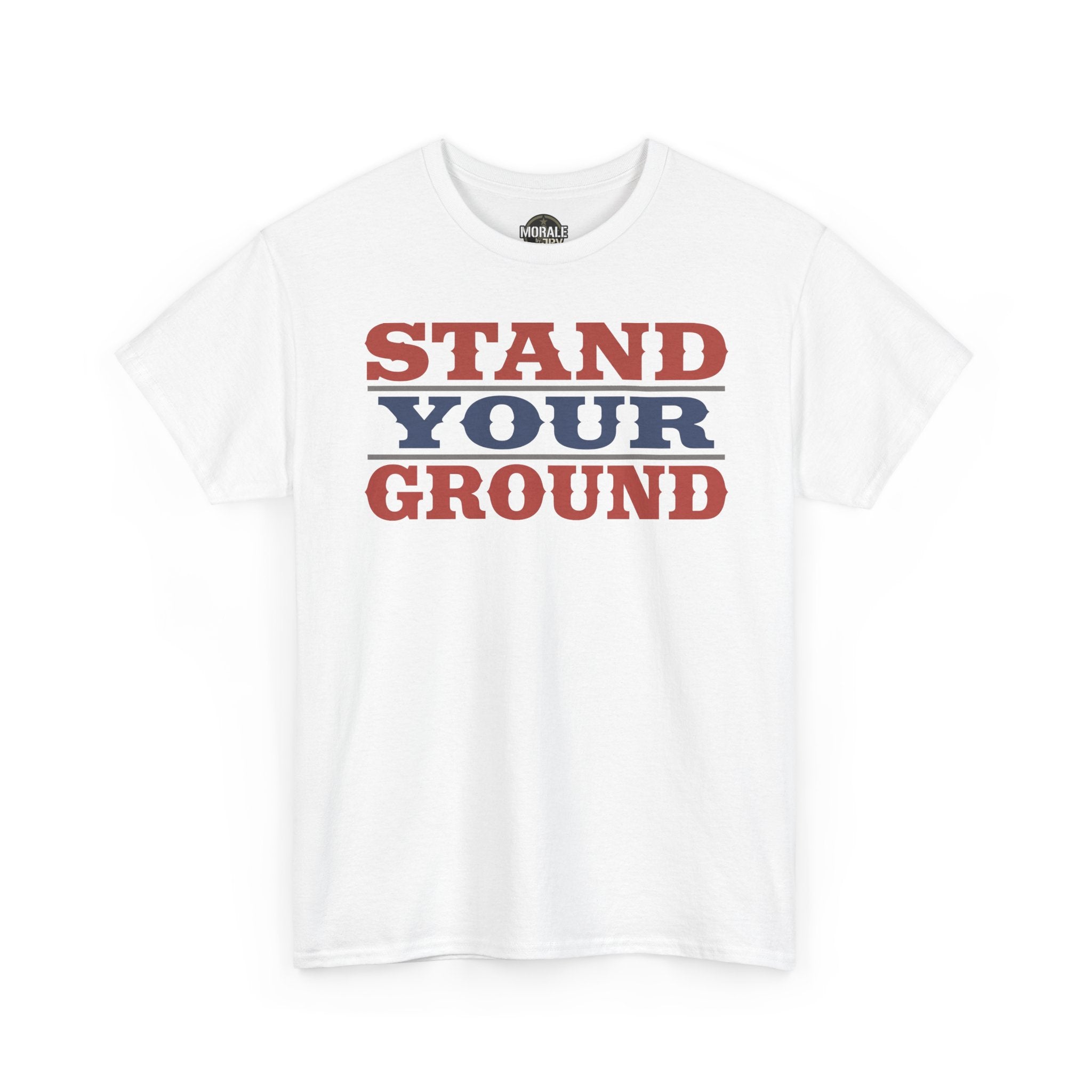White crewneck T-shirt with red and blue "STAND YOUR GROUND" vintage text print