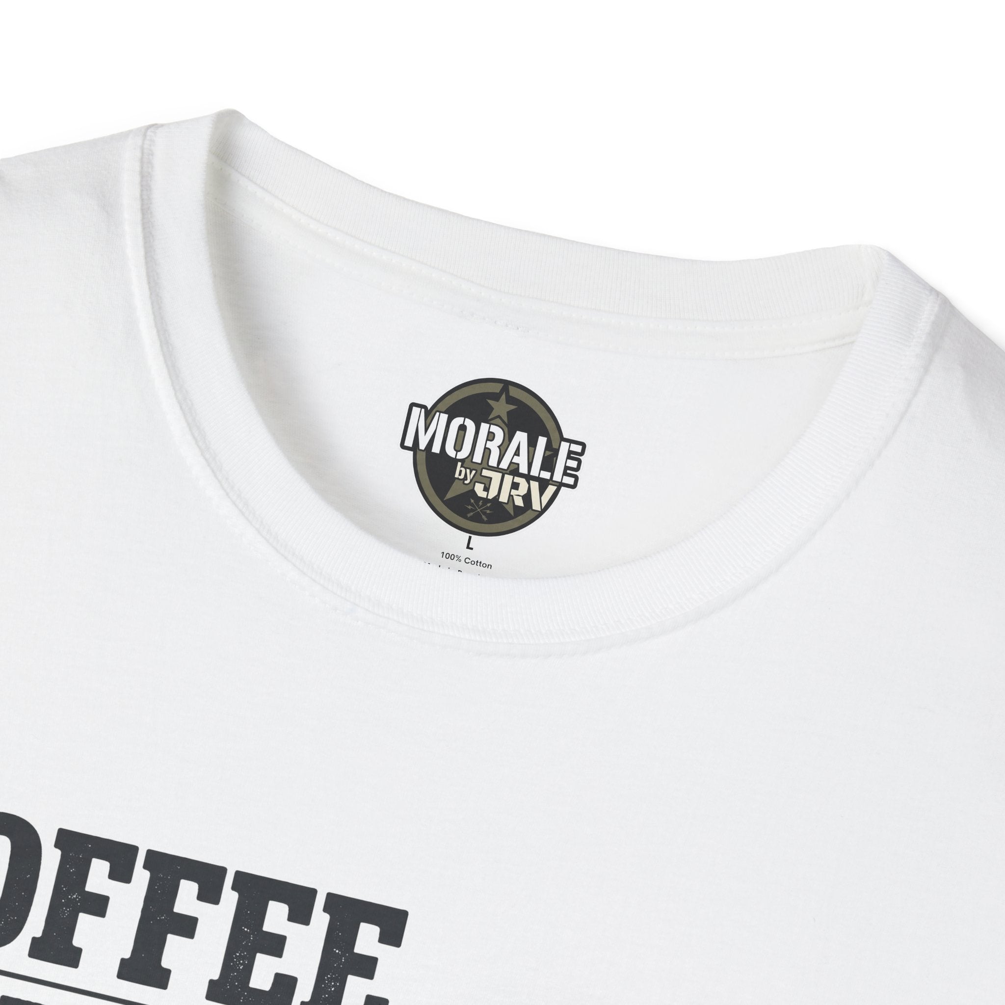 White T-shirt neckline with “Morale Yard” logo patch on collar seam