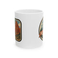 White ceramic mug with landscape panel graphic and partial side badge