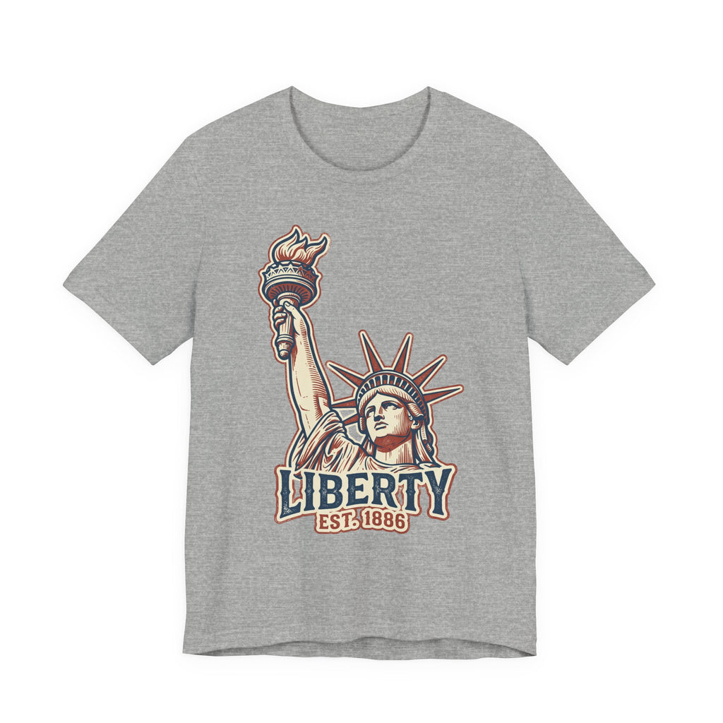 Dark grey heather crewneck graphic T-shirt with Statue of Liberty and “LIBERTY EST. 1886”