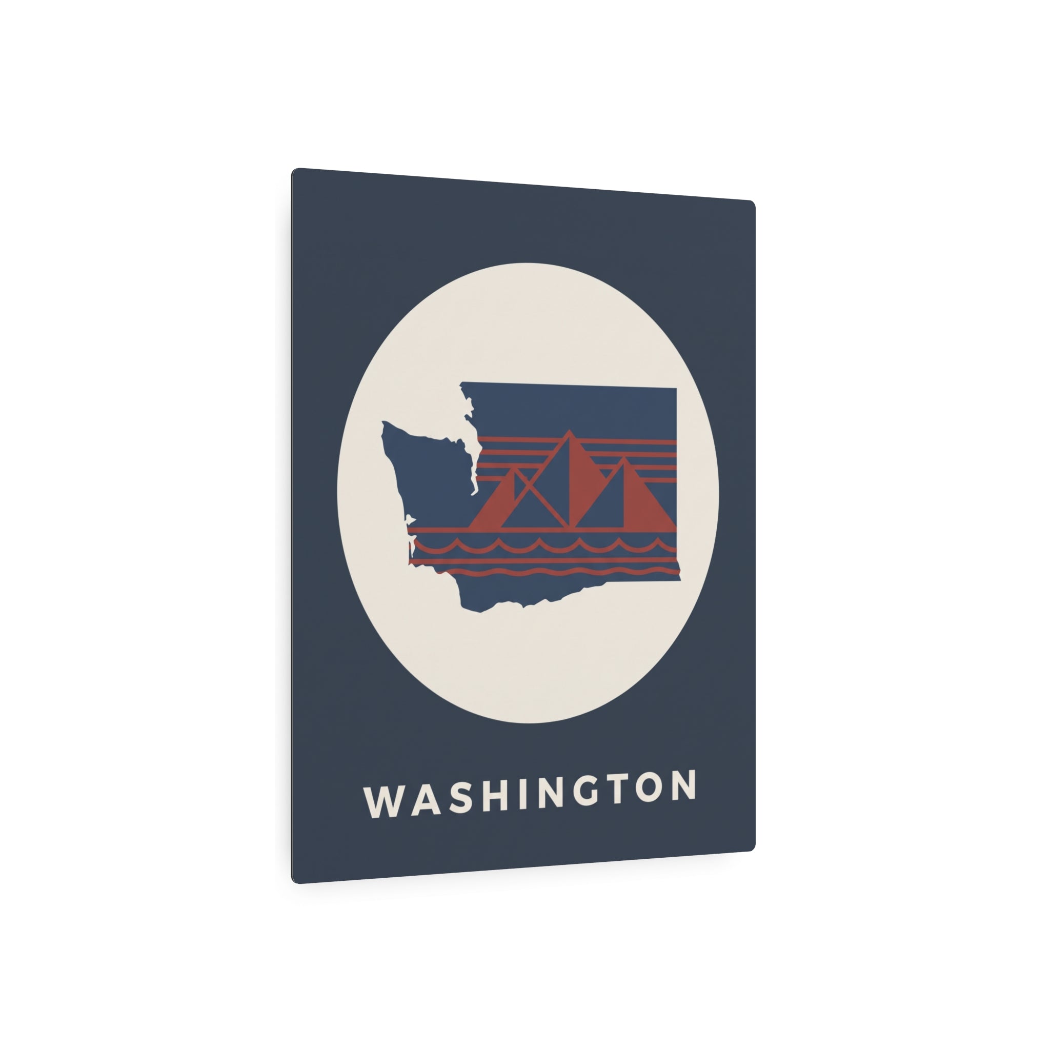 Square navy nautical metal wall art sign featuring Washington silhouette, sailboat and waves