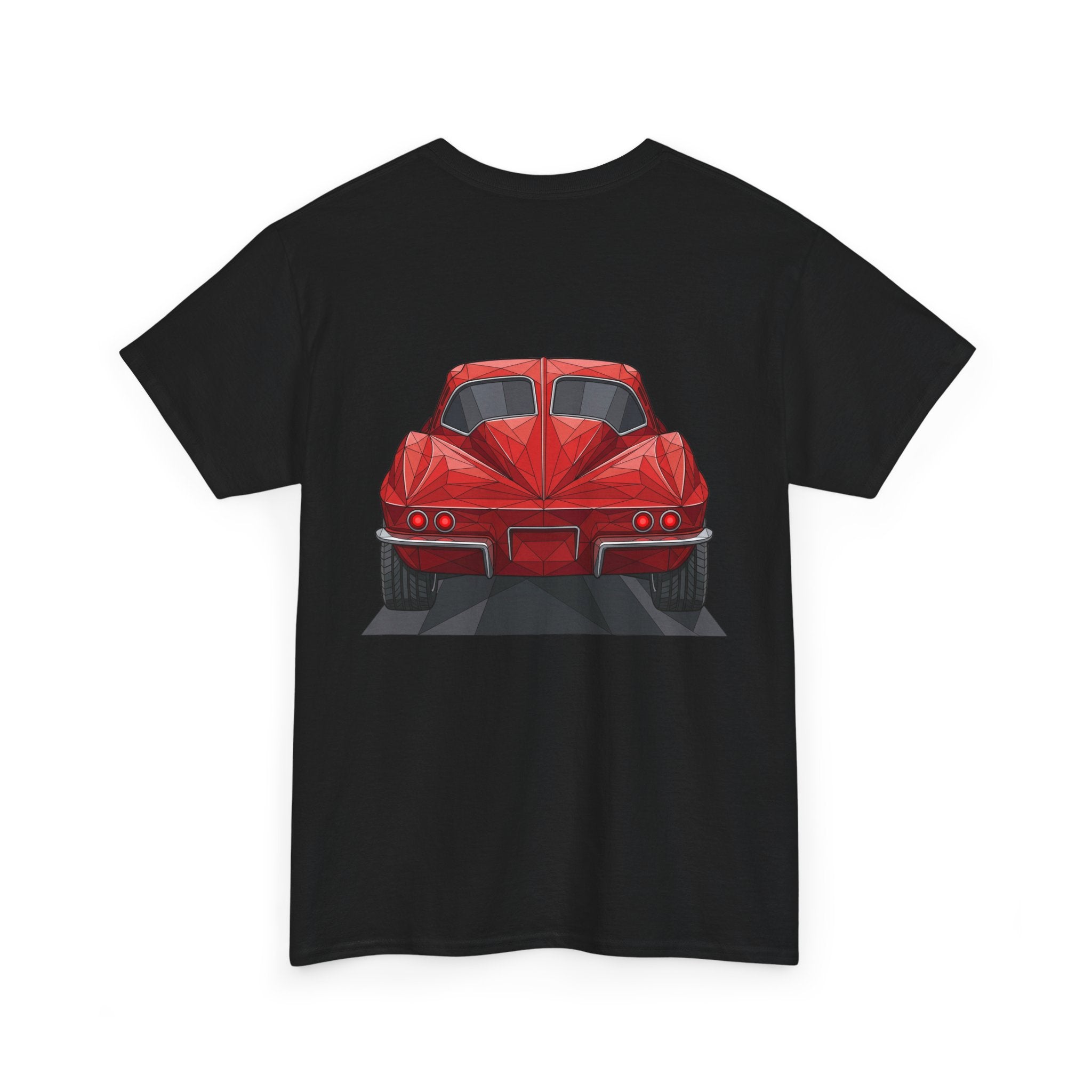Black crew-neck T-shirt with centered red sports coupe graphic, angled view
