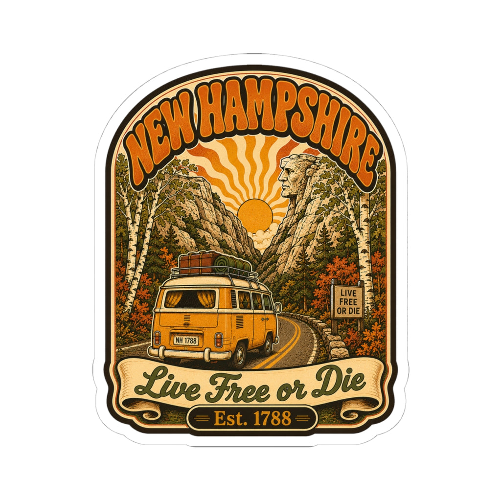 Kiss-cut New Hampshire camper van decal with orange border, mountains, statue, and “Live Free or Die”