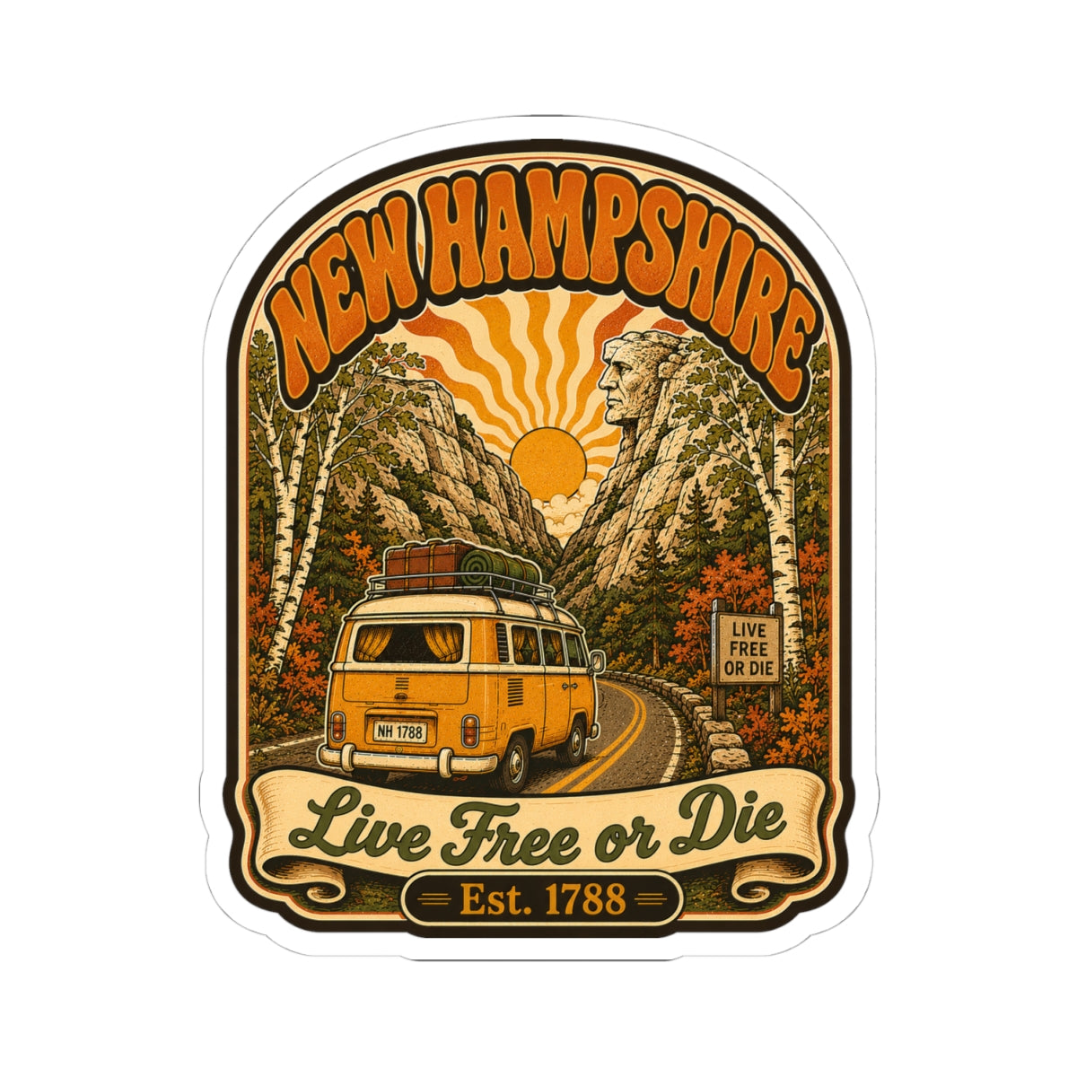 Kiss-cut New Hampshire camper van decal with orange border, mountains, statue, and “Live Free or Die”