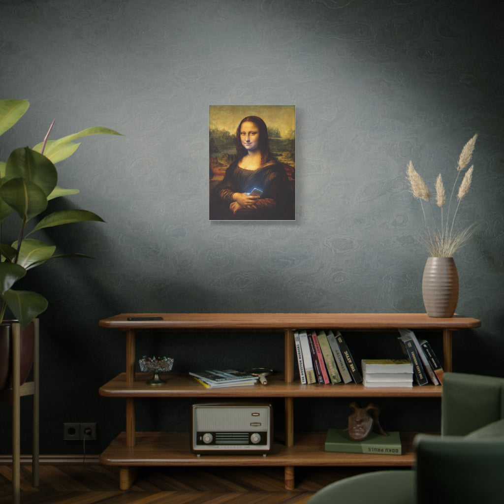 Matte canvas print of Mona Lisa holding a smartphone, centered on wall