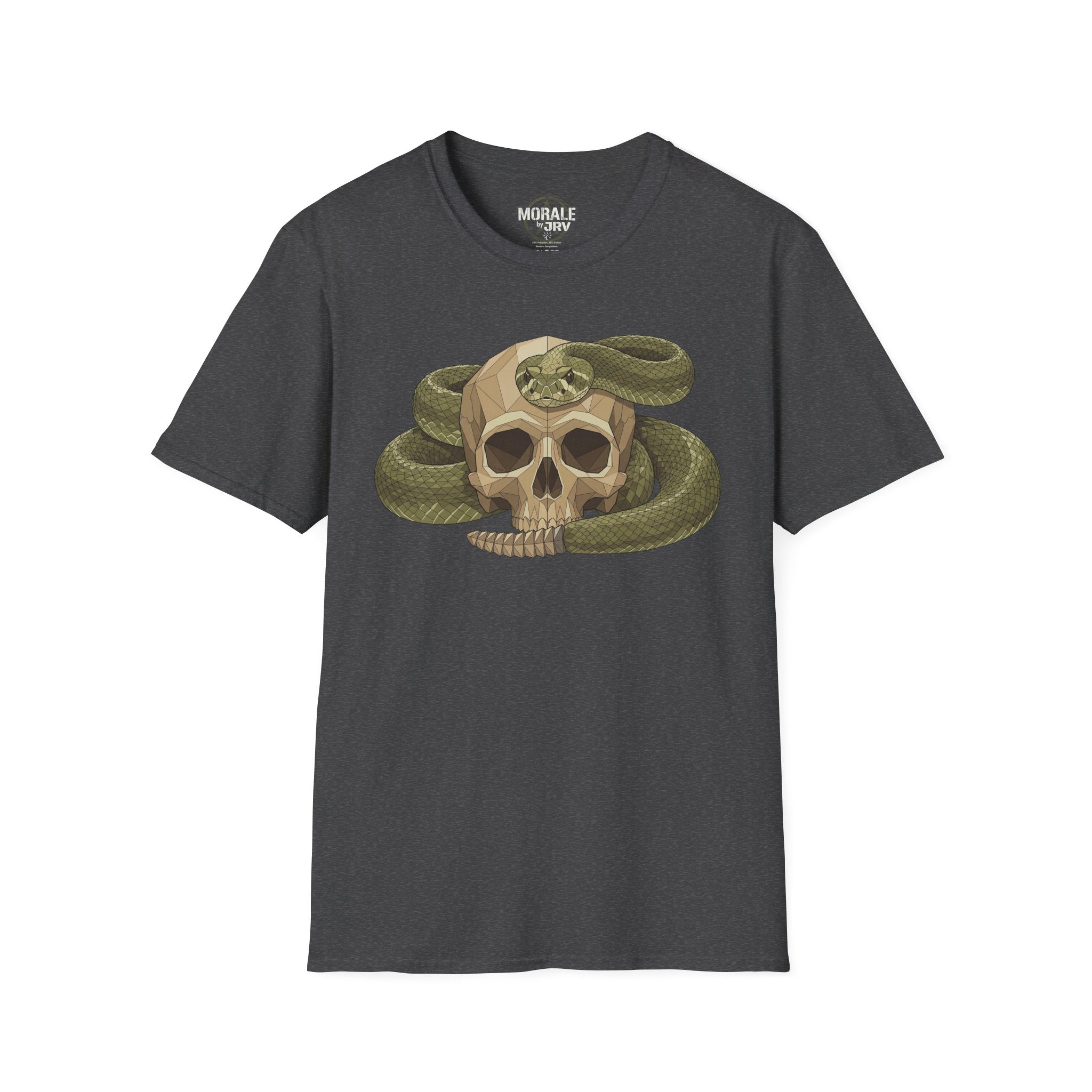 Camiseta gris oscuro con calavera de serpiente verde envuelta y diseño botánico vintage