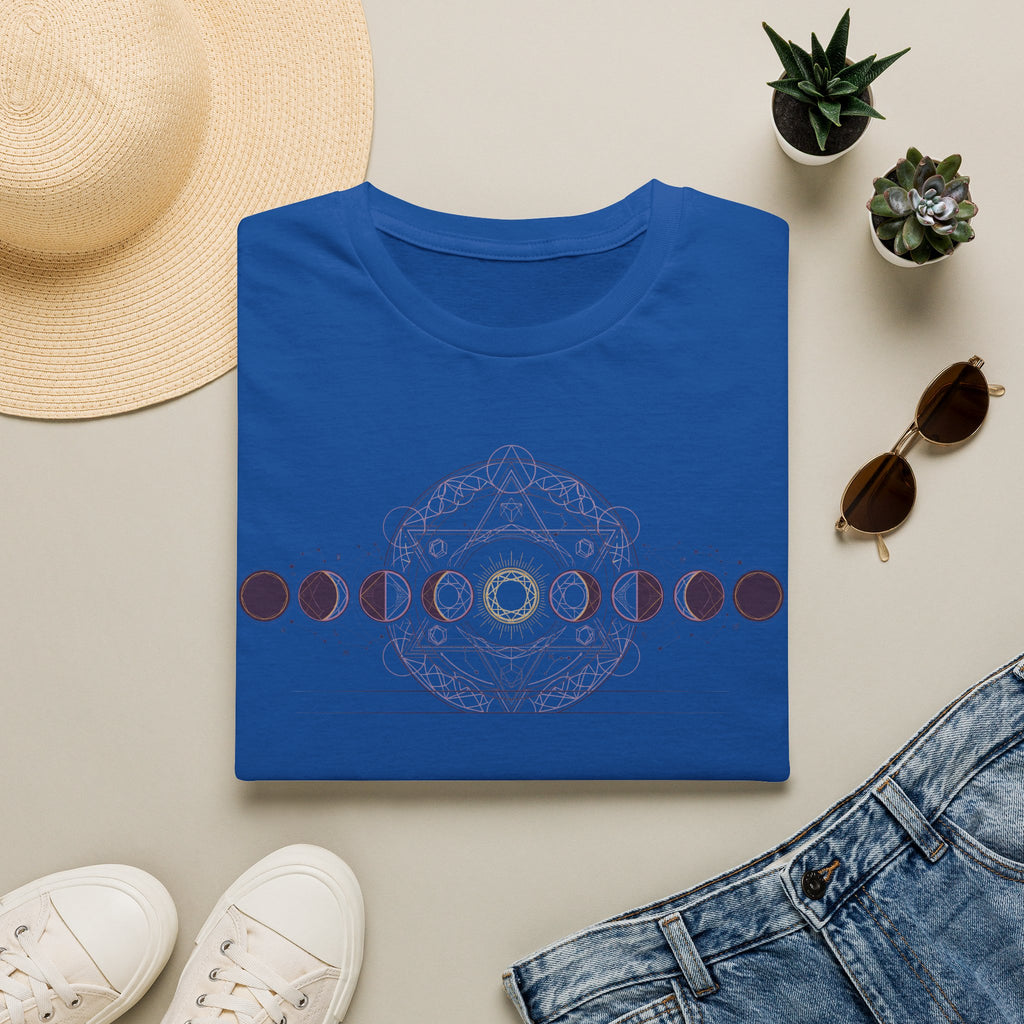 Royal blue crew-neck T-shirt with moon phase circle graphic and central geometric moon