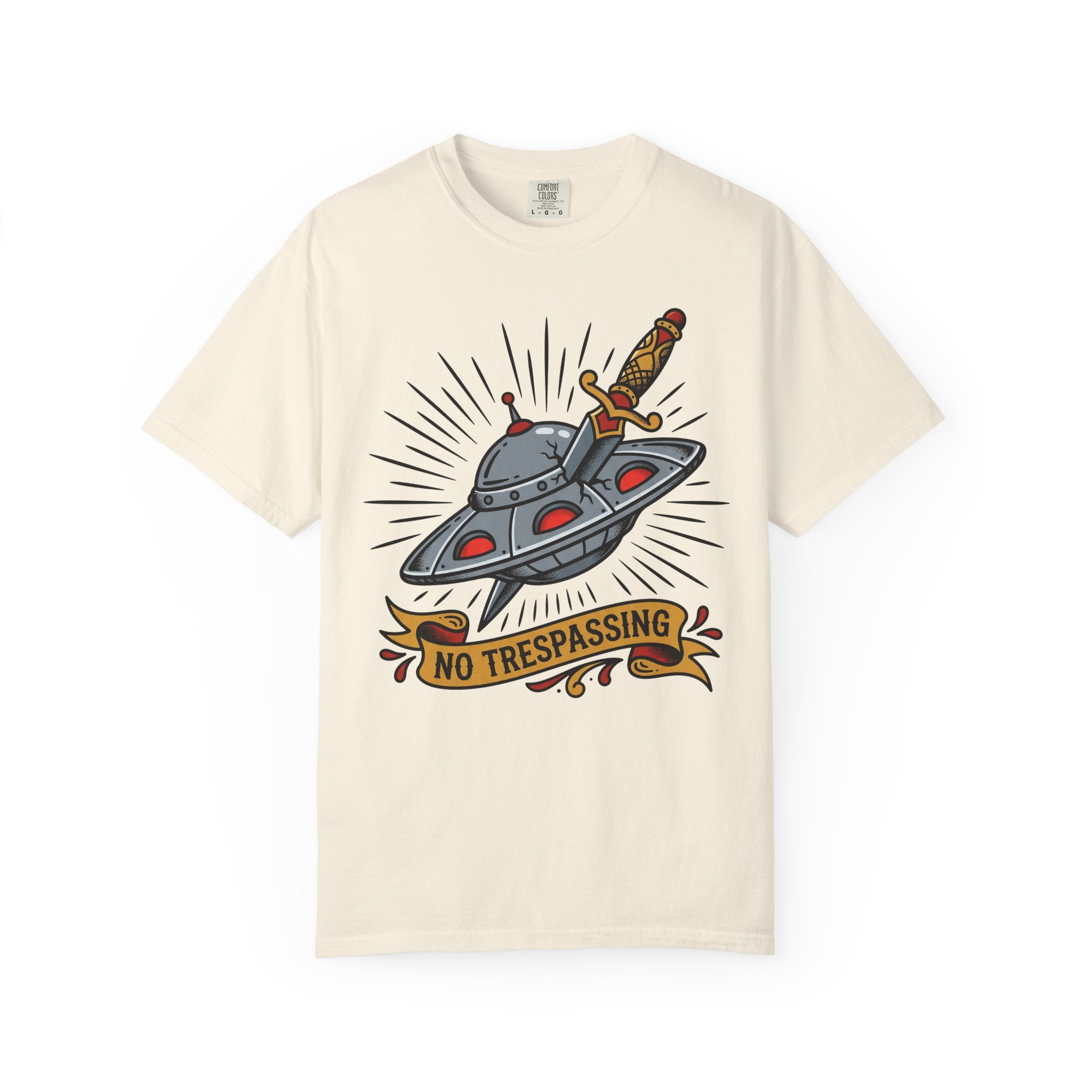 Cream tee with UFO dagger graphic and 'No Trespassing'