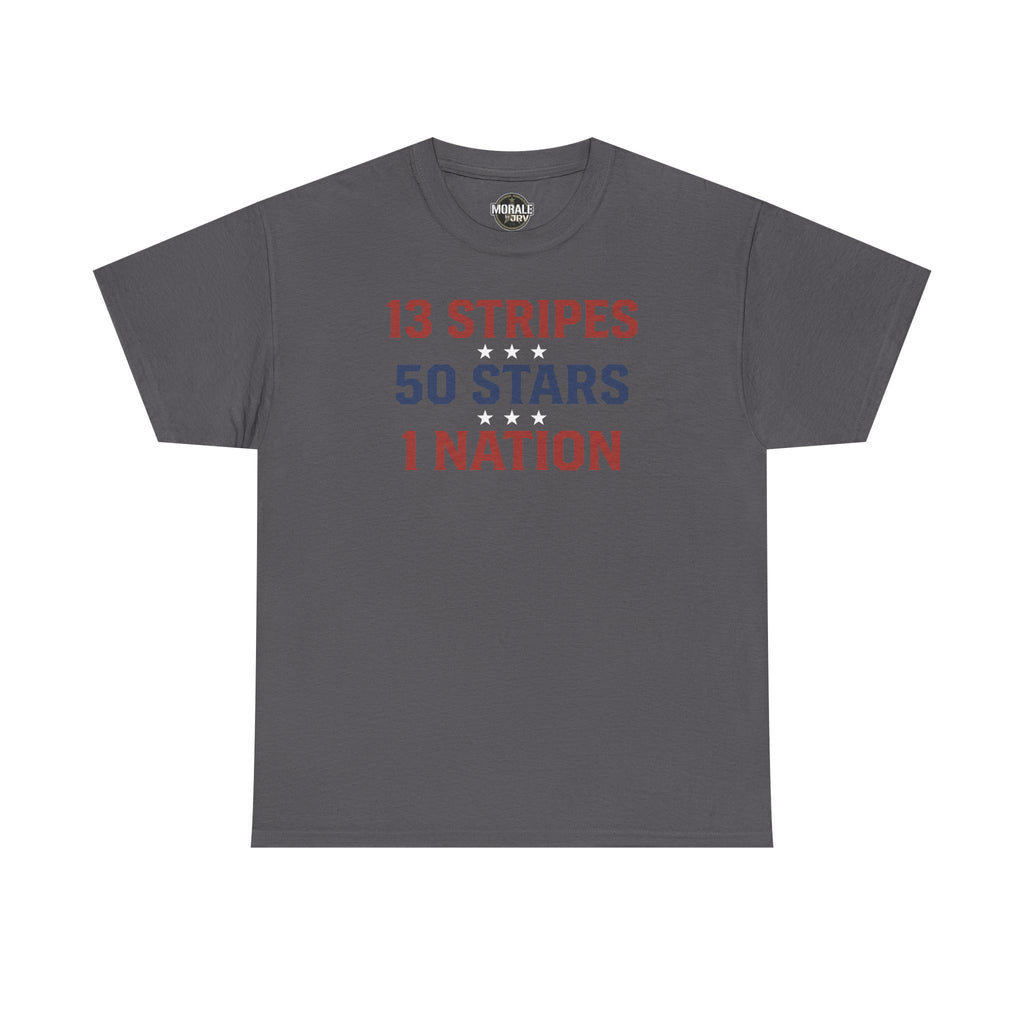 Charcoal crewneck T-shirt, front text '13 STRIPES 50 STARS 1 NATION'