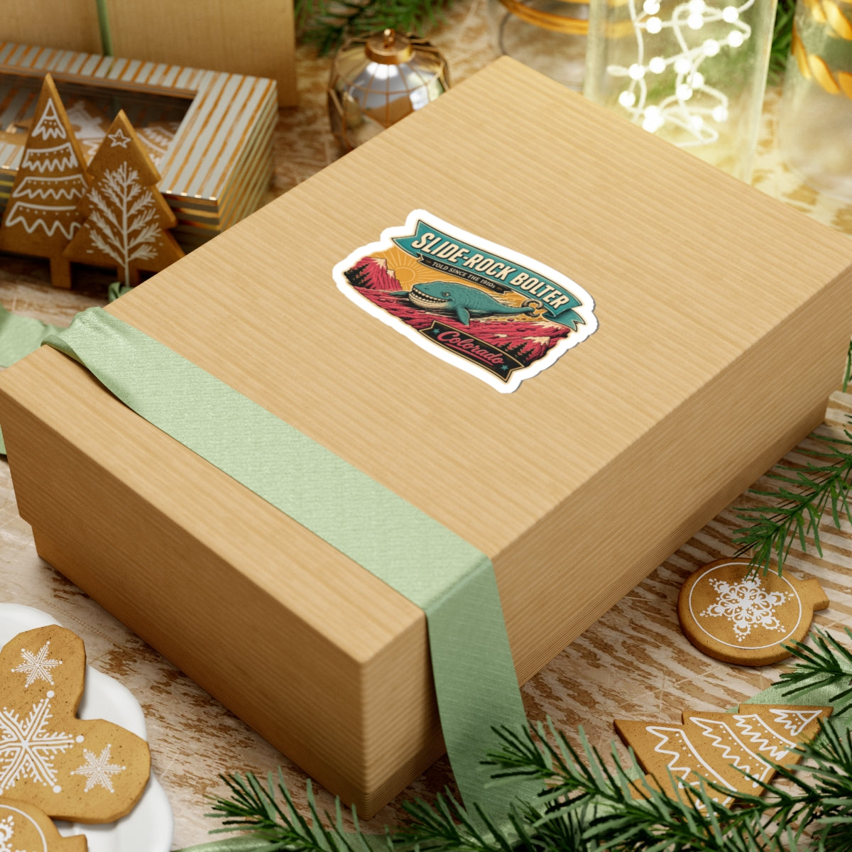 Vintage outdoor decal: teal whale swimming through mountain scenery with 'Colorado'