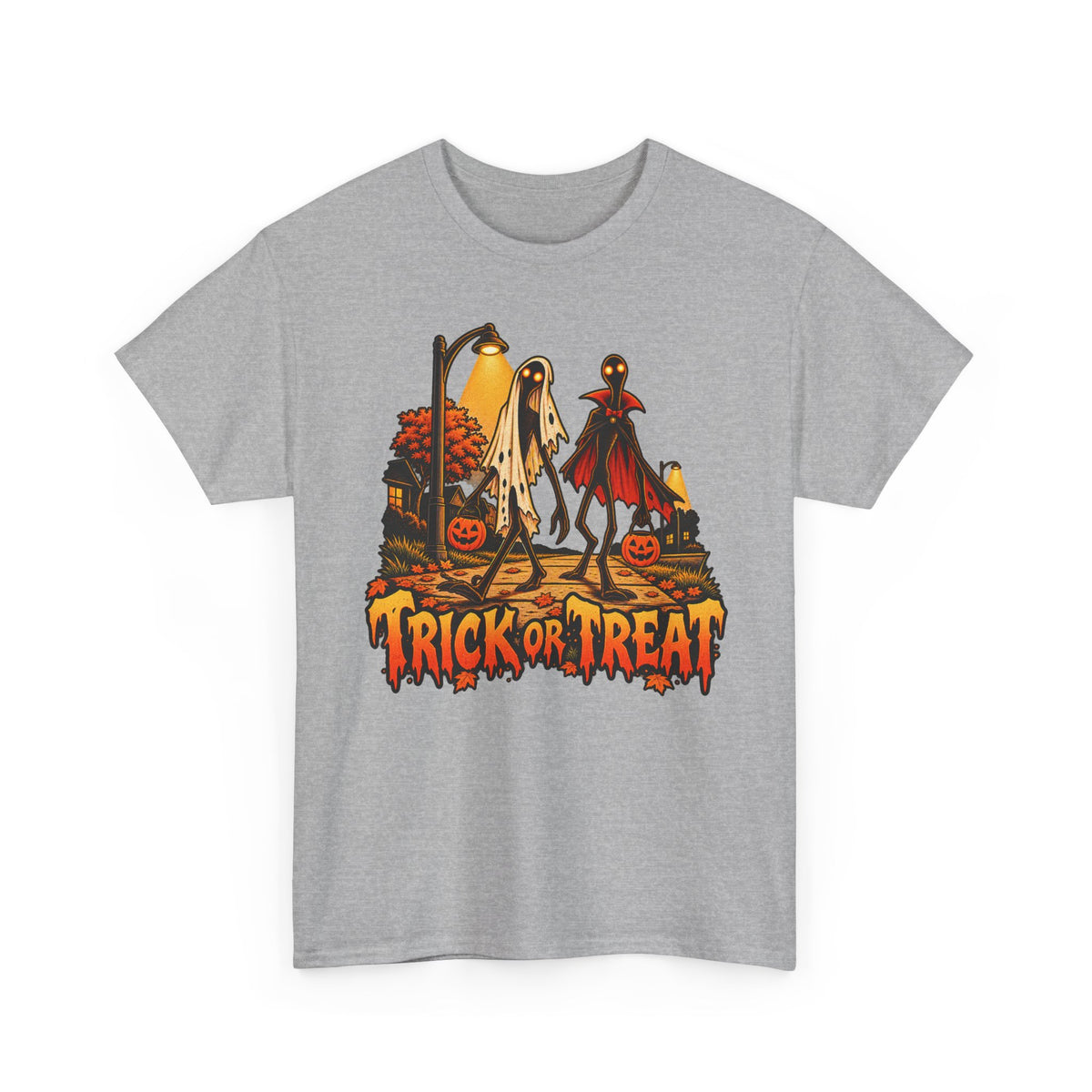 Light gray Halloween T-shirt with ghost, vampire and 'Trick or Treat' front graphic